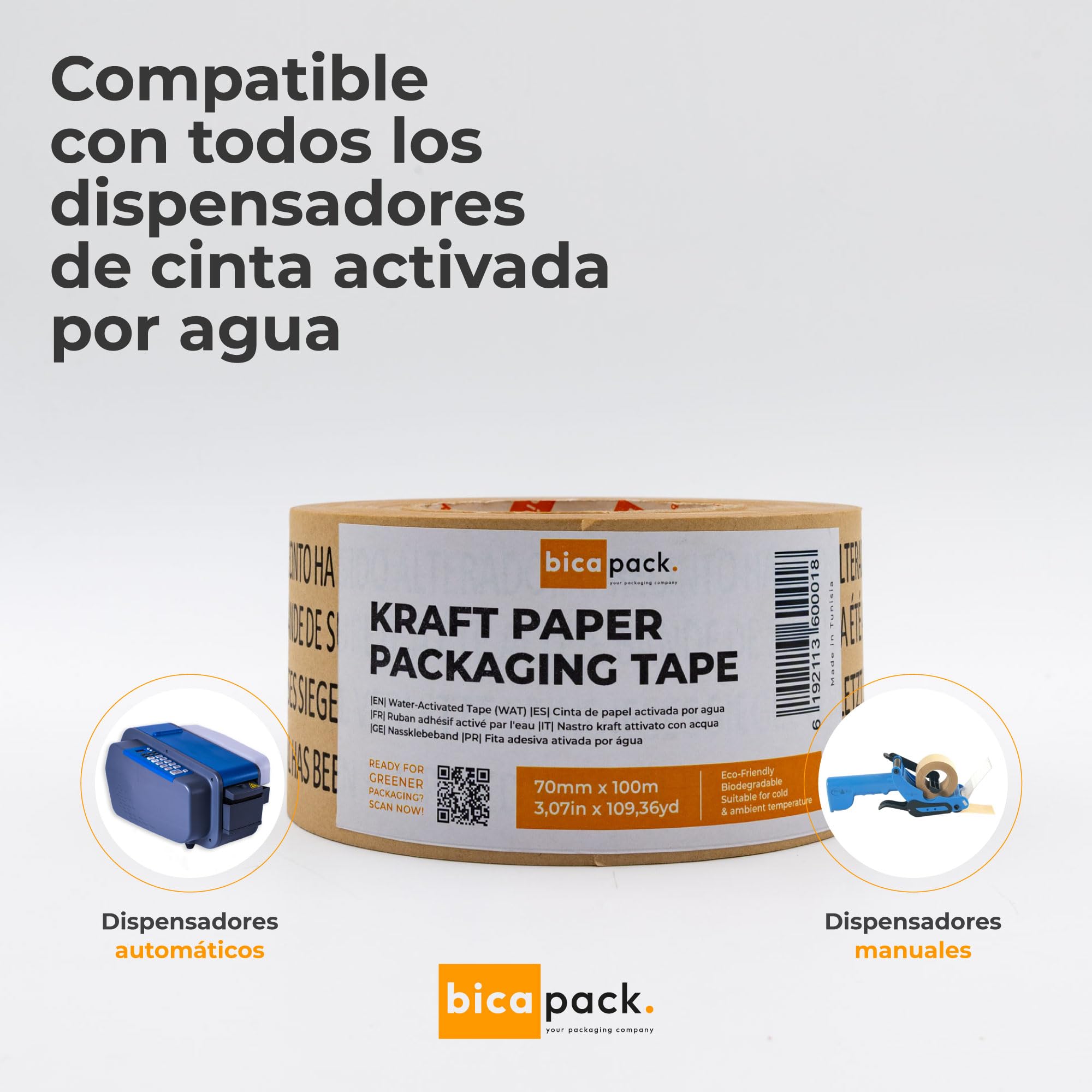 Caja Profesional de 24 Rollos de Cinta de Papel Kraft Engomada Activada por Agua, 70 mm x 100 m, Precinto de Seguridad Impreso, Adhesivo Vegetal, Mandril de 76 mm