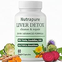 Nutrapure 20-in-1 Milk Thistle Liver Detox Capsules with Dandelion, Turmeric, Artichoke - Vegan Non-GMO 60 Caps
