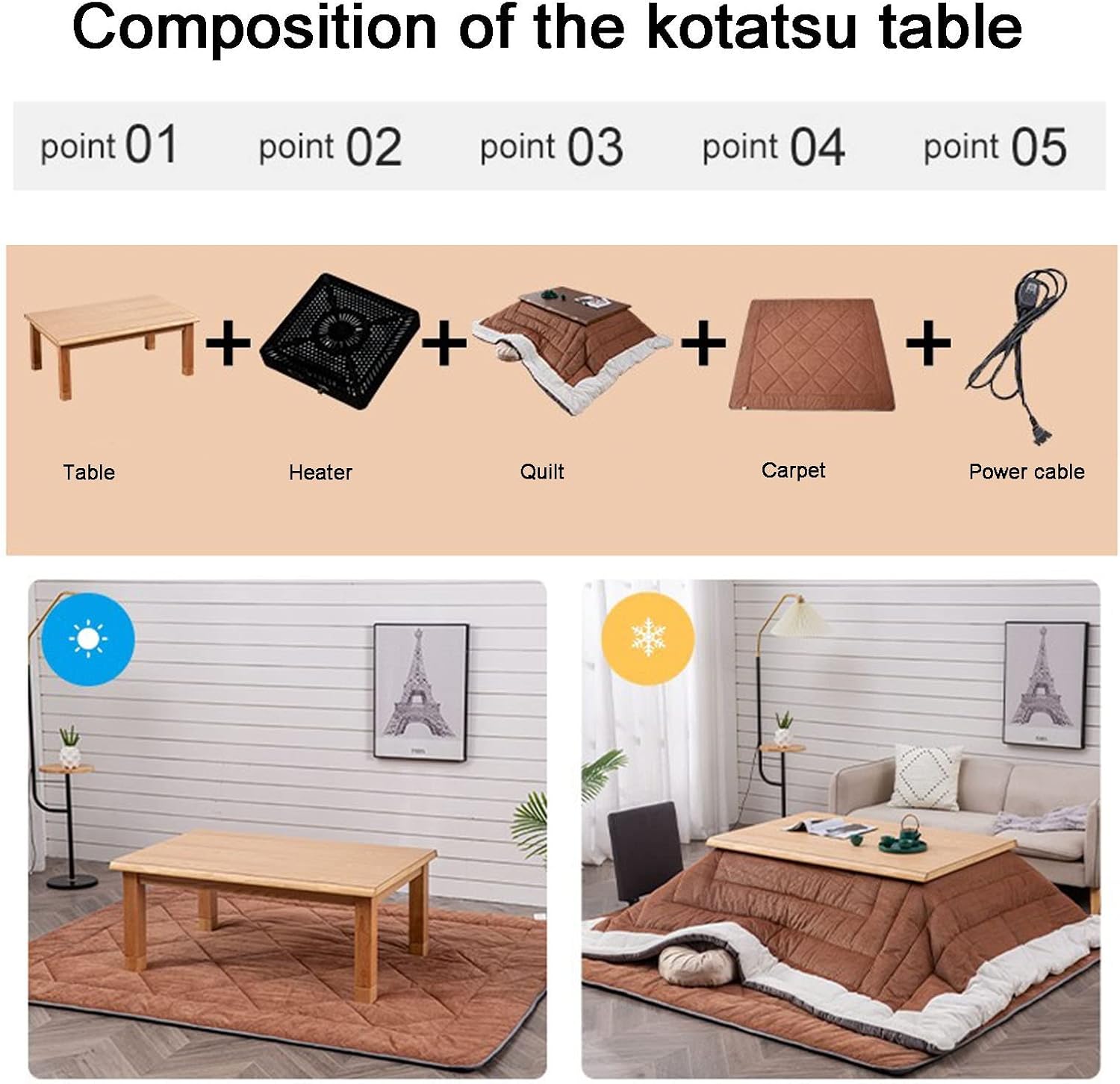 Kotatsu Table Set - Multifunctional Solid Wood Heating Low Table for Living Room - 5-Piece Cozy and Warm Gift for Family