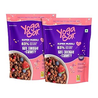 Yogabar Wholegrain Breakfast Muesli 900g (450g x 2), Dark Chocolate Cranberry, 25% Dry Fruits, Nuts and Seeds | Healthy Breakfast Cereals | Gluten Free | Healthy Food for Breakfast | Protein Rich