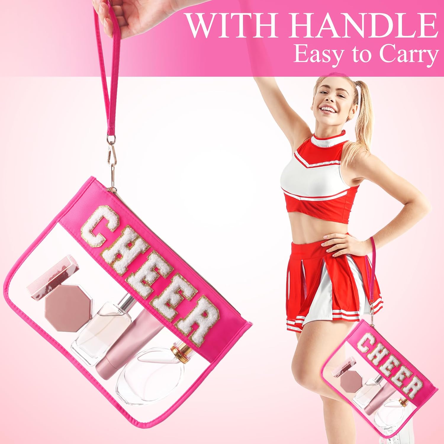 Abbylike 12 Pcs Snack Bags Clear Chenille Letter Cheer Zipper Pouch Waterproof PVC Large Travel Makeup Cosmetic Storage Organizer Bag for Mom Team Cheerleaders Teacher (Rose Red)