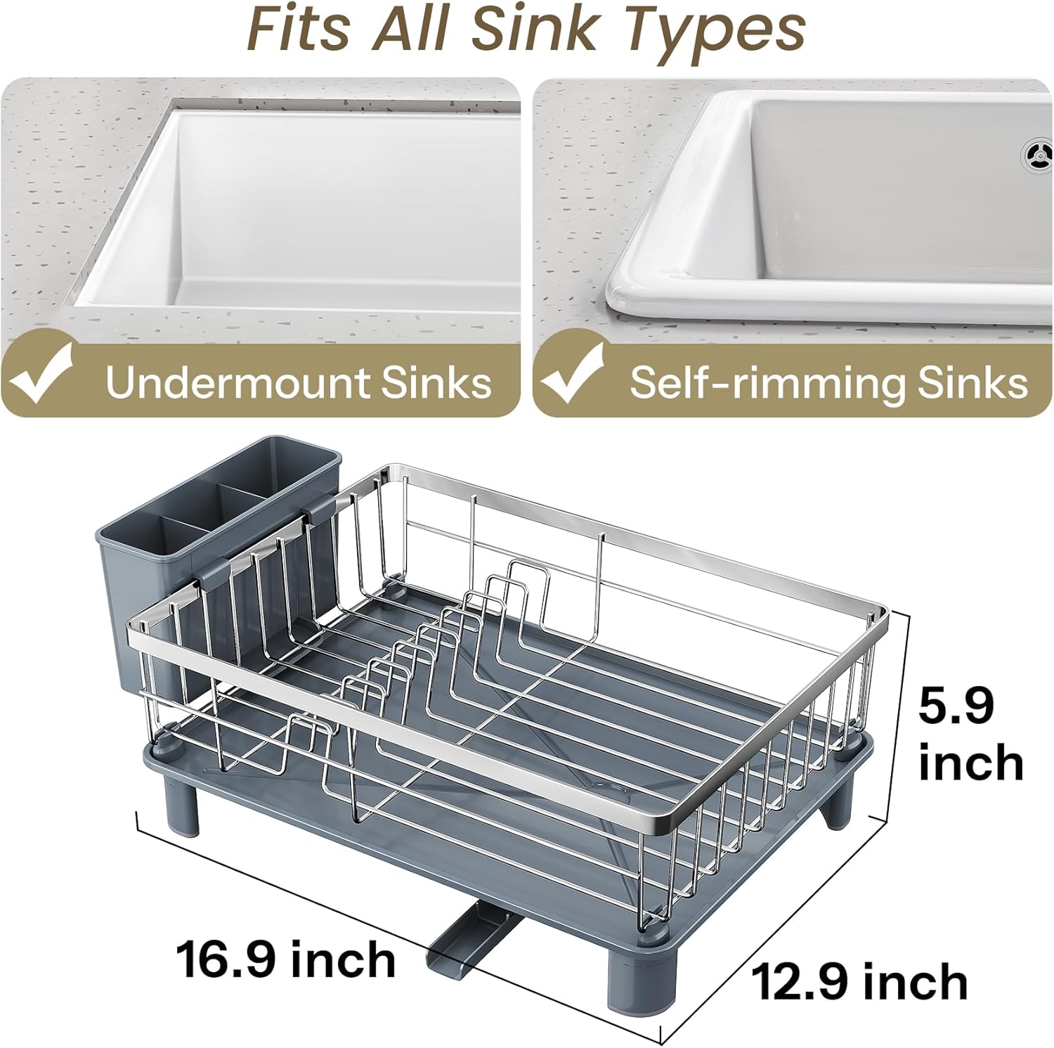 sntd dish drying rack - small dish rack for kitchen counter, stainless steel dish drainer with utensil holder and drainboard, 12.9" w x 16.9" l (silver) silver 12.9" w x 16.9" l