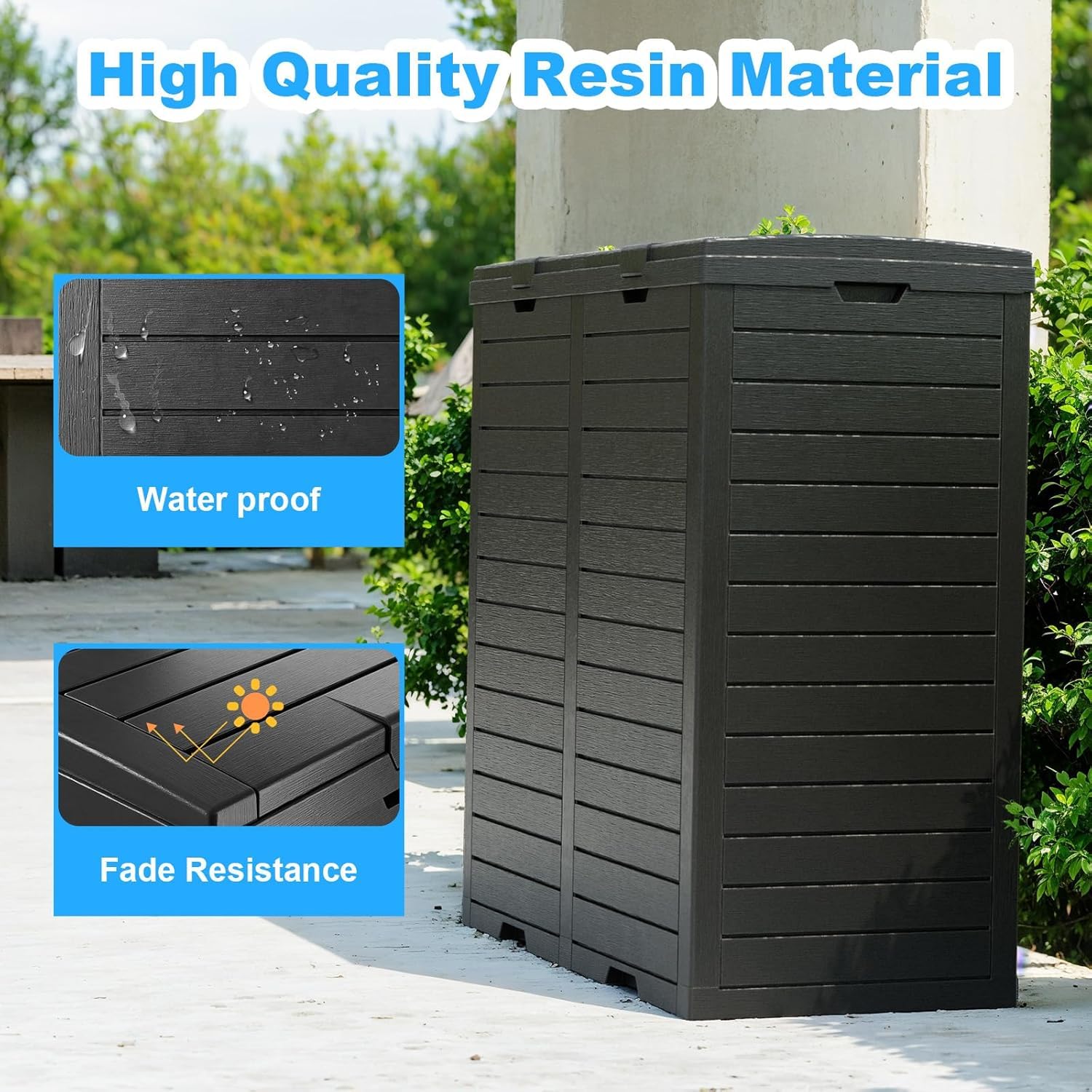 Outdoor Trash Can with Lid, Outdoor Trash Bin & Pull-Out Liquid Drawer, Dual Lid Closure Design, Waterproof Resin Garbage Can Container for Patio, Backyard, Deck (Black, 76 Gallon)