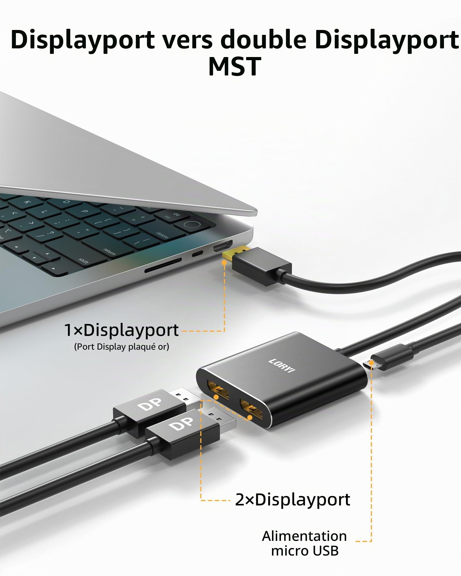 Adaptateur répartiteur DisplayPort vers double DisplayPort, concentrateur MST 4K60Hz 1 entrée 2 sorties pour double moniteurs, répartiteur de port d'affichage DP1.4
