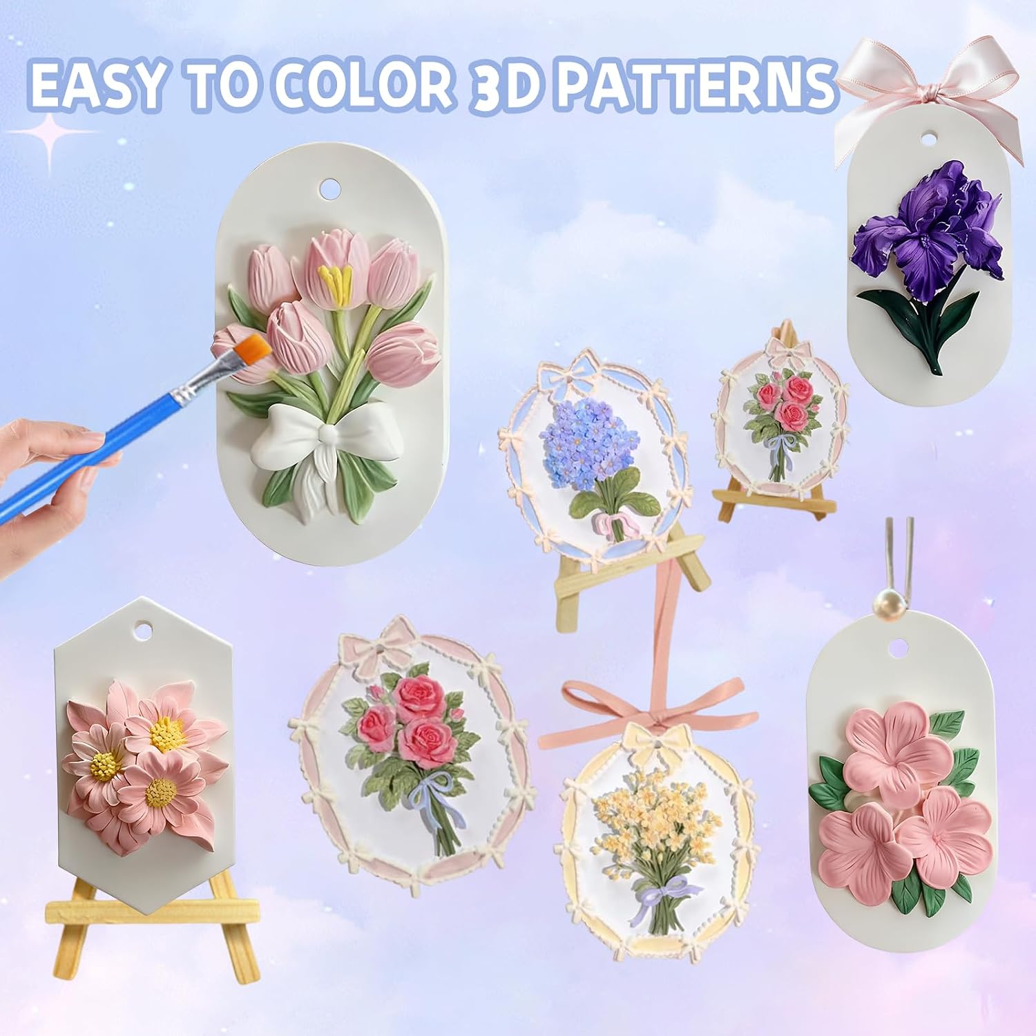 Autumnswan 9PCS Plaster Painting Ceramic Arts and Crafts with 9 Flower Painting, Family Activities，Art Party Favors DIY Crafts for Adults (Pattern B)