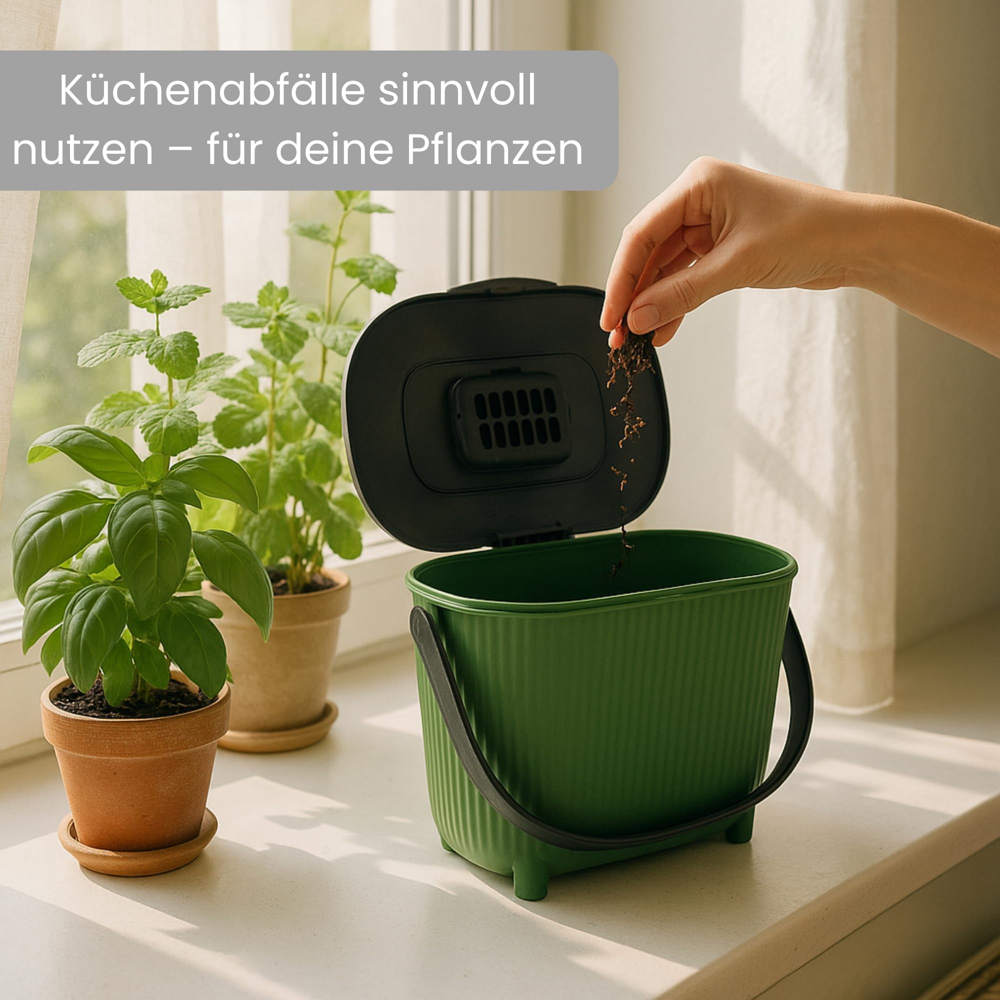 Secchio per compost biologico da 10 l con coperchio, filtro ai carboni attivi e maniglia per il trasporto, salvaspazio e inodore per cucina, riciclabile, verde con coperchio grigio, Kamai Home