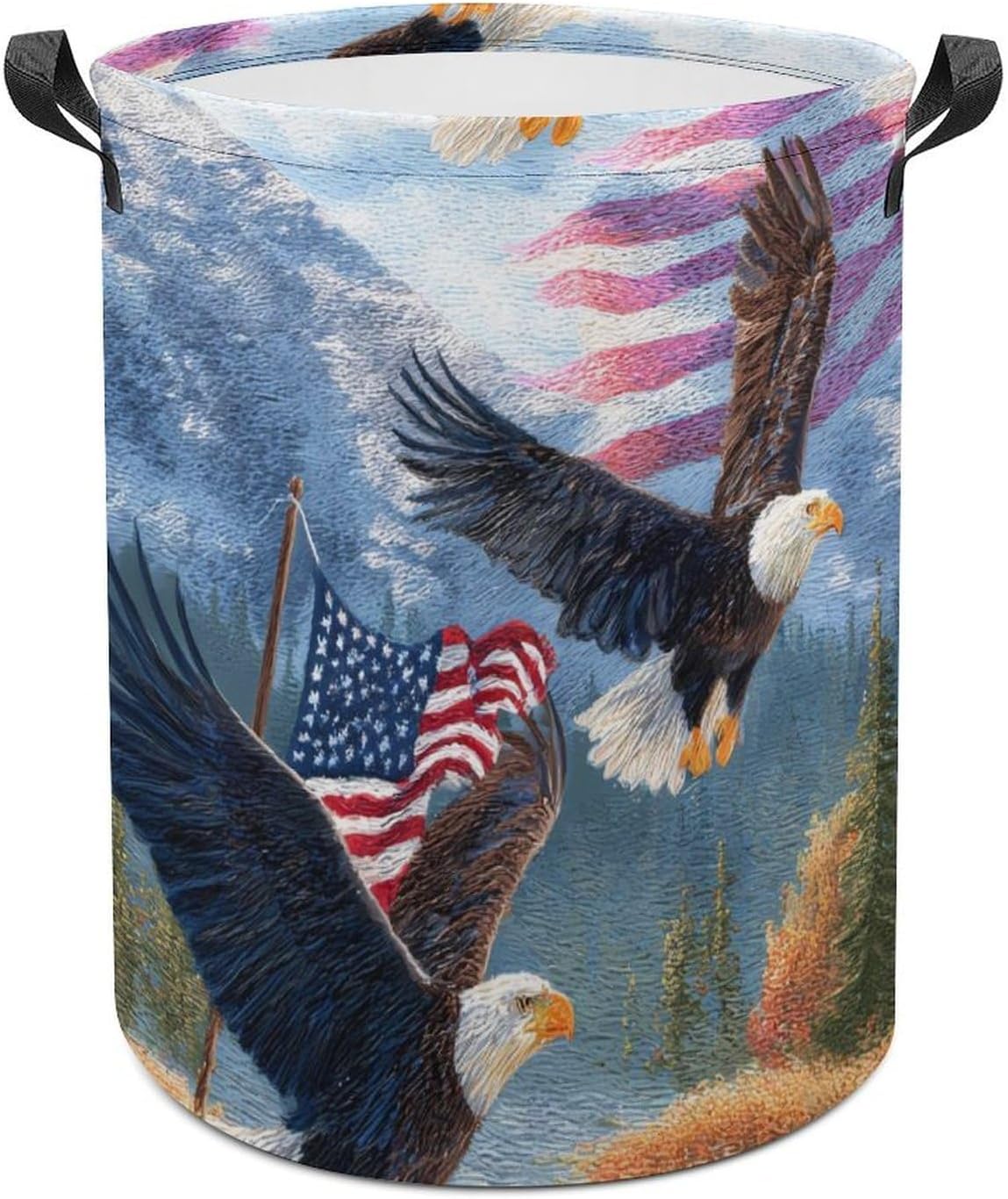 Baldeagles U.S.A. Flag River Laundry Hamper Basket for Home Bathroom | clothes storage,handle,large capacity,oxford