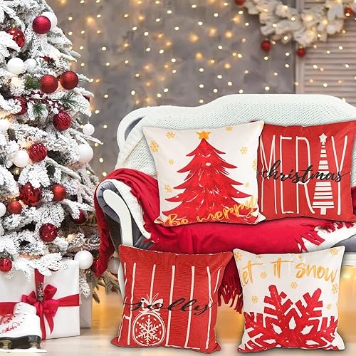 Miniatura 5 de 4 fundas de almohada de Navidad de 18 x 18 pulgadas, fundas de almohada de invierno, fundas de almohada rojas con diseño de árbol de Navidad, copos