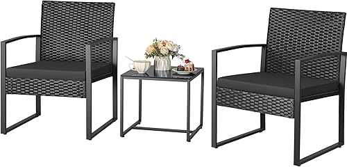 Greesum Juego de 3 piezas de mimbre para conversación de bistró, juego de muebles modernos de ratán con mesa auxiliar para patio, jardín, porche,