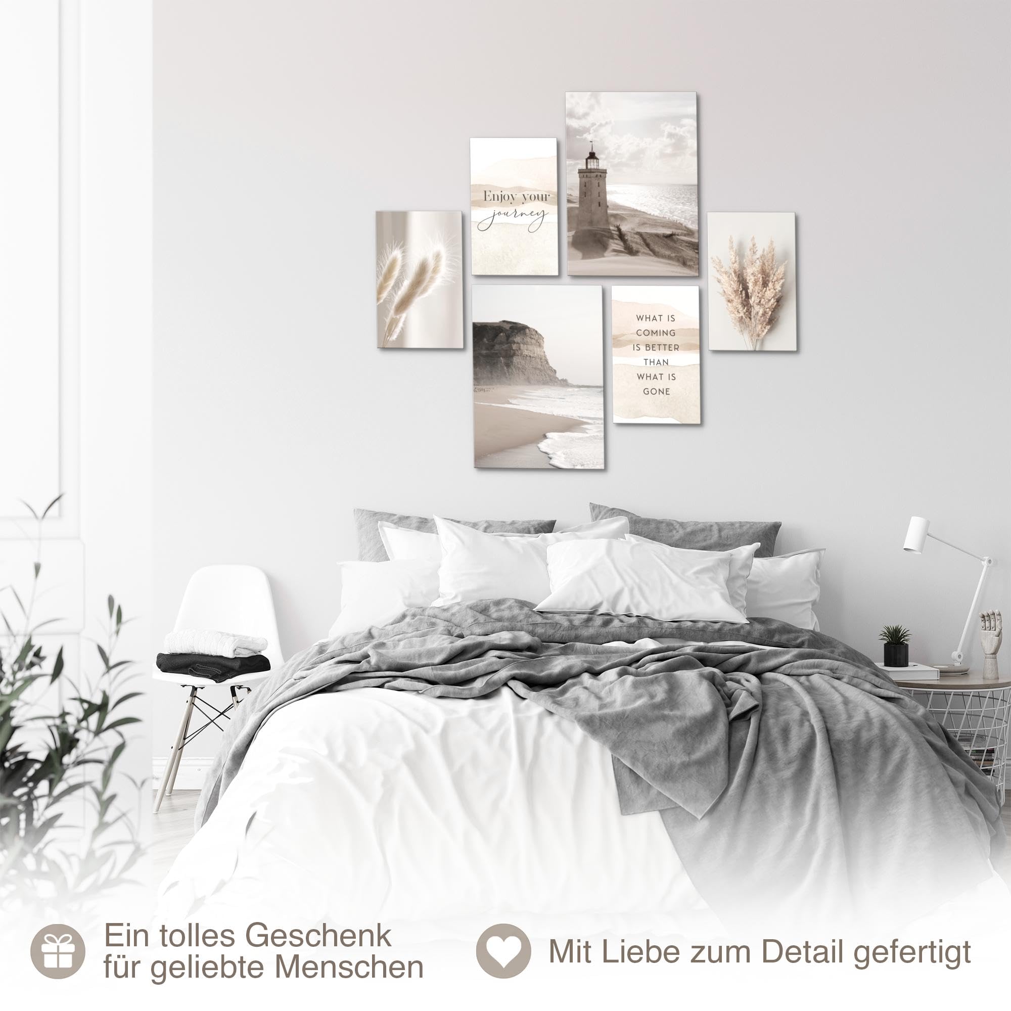 Novart Wandbilder Set Strand Meer Boho Beige - KEIN EXTRA RAHMEN BENÖTIGT - Modern Deko - Wohnzimmer Schlafzimmer Flur N033763a