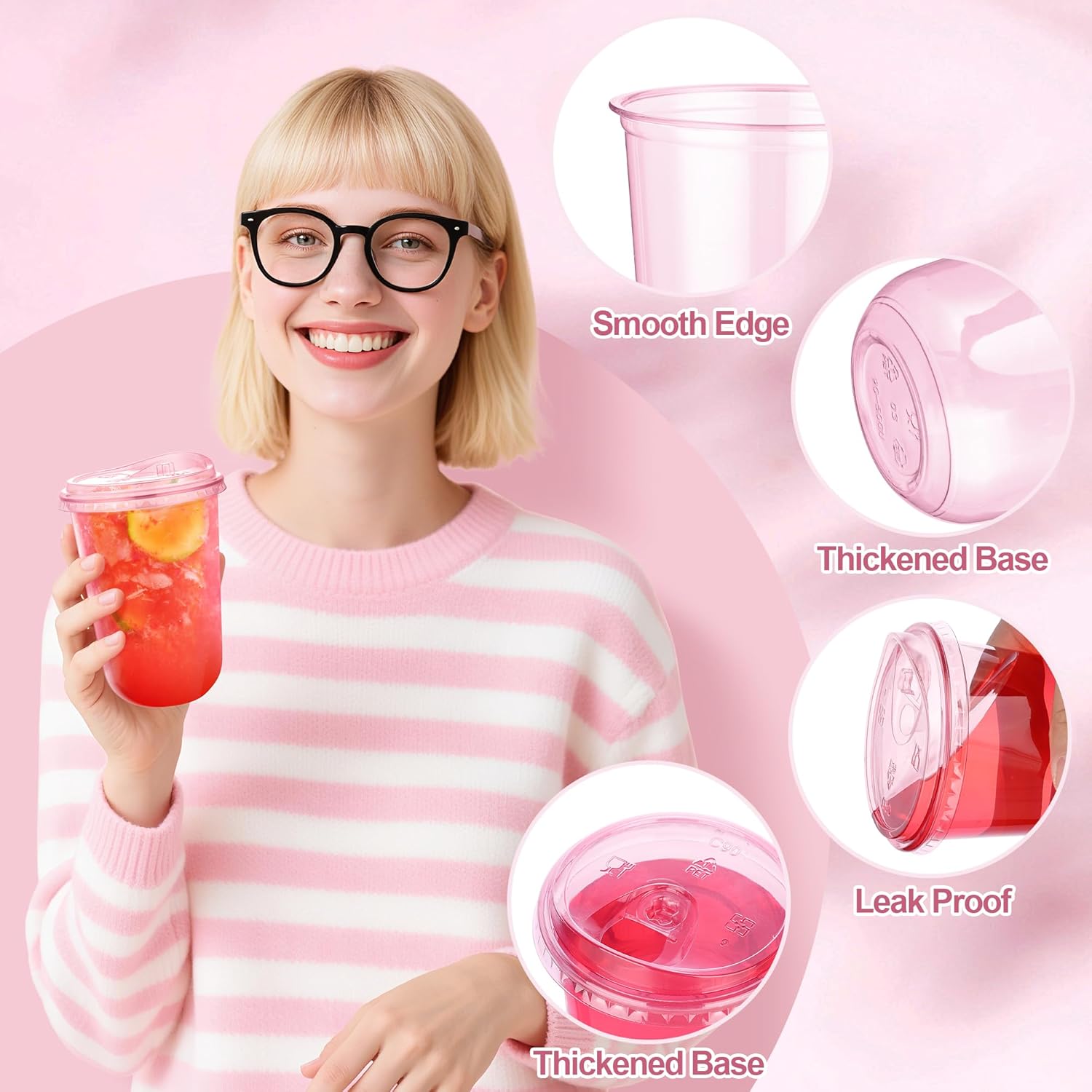 KesaPlan 50 Pack 16 oz Pink Plastic Party Cups with Sip Lids, Disposable Iced Coffee Cup with Lid, Round Bottom Stemless Glasses Drinking Cups for Valentine's Galentine's Bachelorette Party Holiday - Image 4