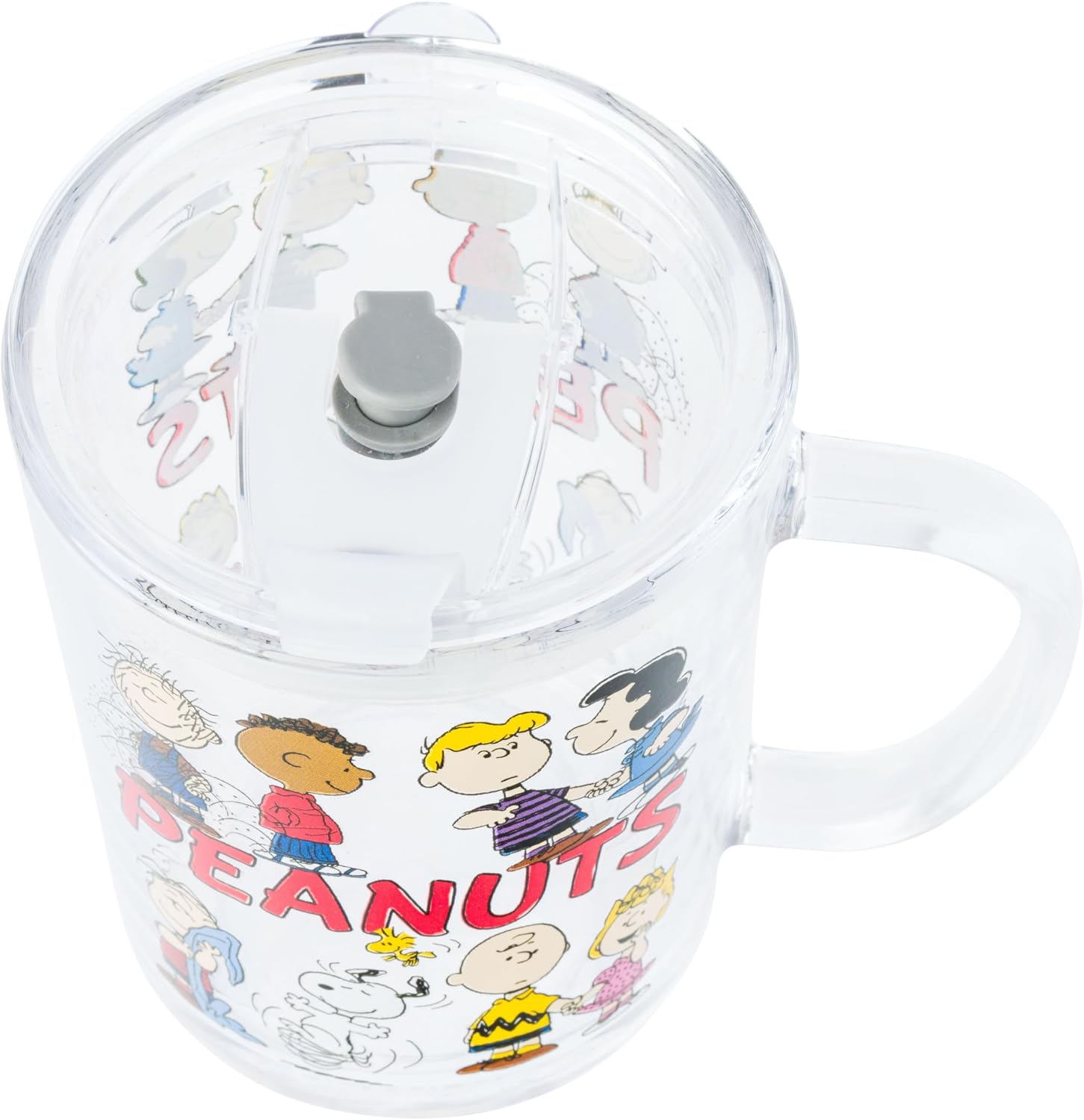 Silver Buffalo Peanuts Group Travel Glass Mug with Slide Close Lid and Handle Featuring Linus, Pig-Pen, Franklin, Schroeder, Sally, Lucy, Charlie Brown, Snoopy, and Woodstock, 14 Ounces