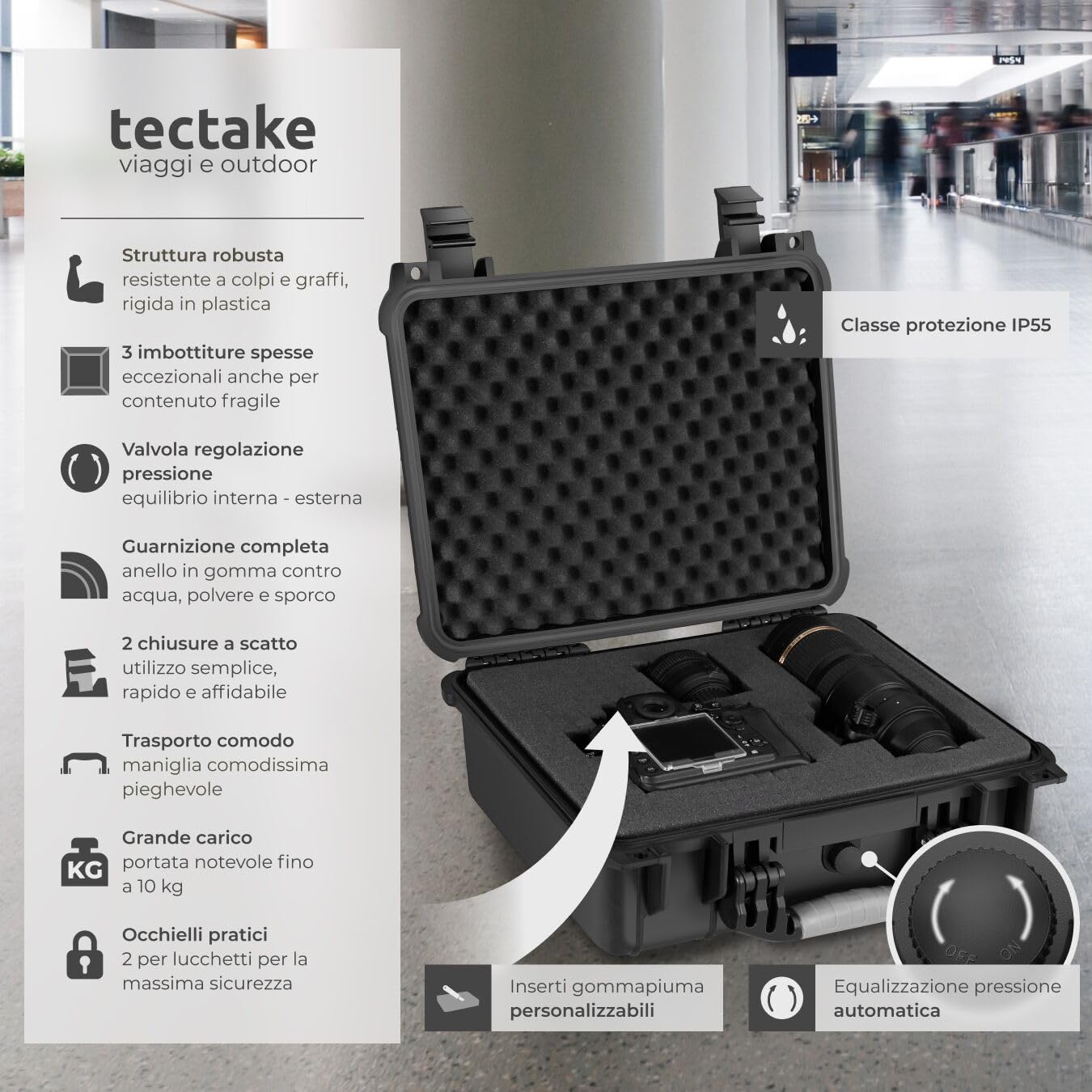 tectake® Valigetta Universale per Fotocamera, Custodia Macchina Fotografica, Leggera, Robusta, Porta Macchina Fotografica, Valigetta Impermeabile Rigida, IP55 - dimensioni interne 37,5x27x15,5 cm