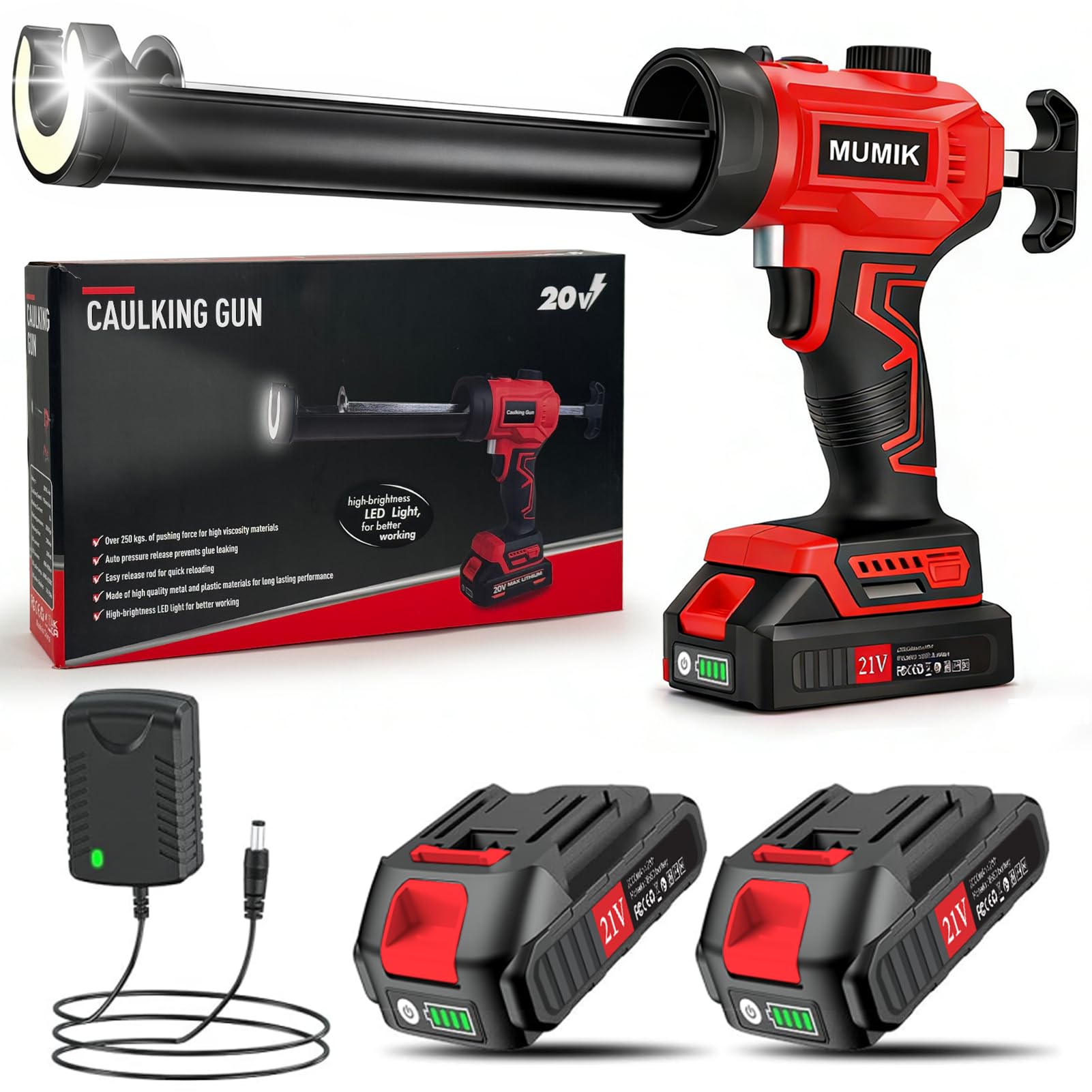 Pistola Silicona Bateria, Pistola Silicona Profesional con 2x2000 mAh baterías, Regulación de Velocidad Continua, Luz LED, para Cartuchos de 300 ml