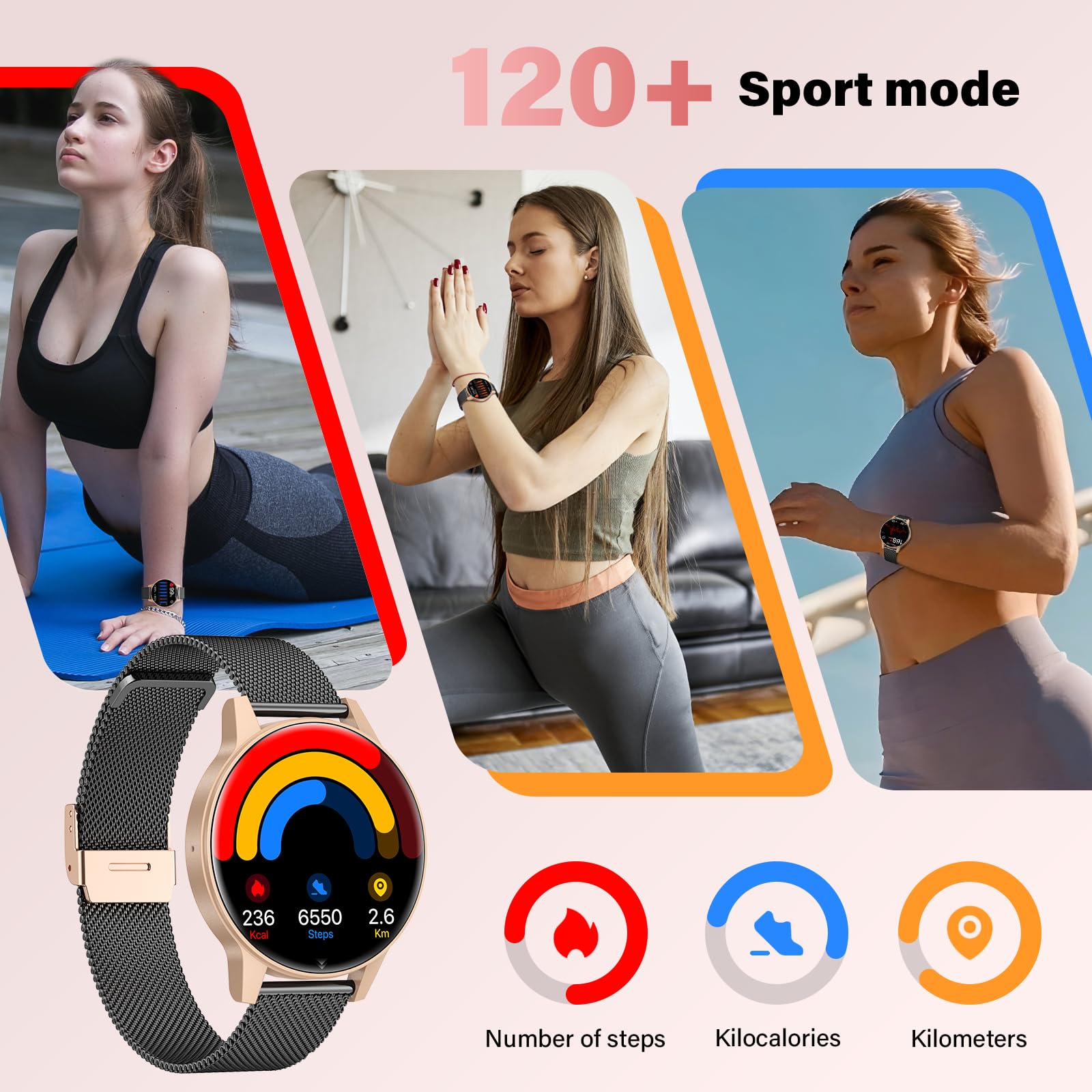 SLOKSFil Reloj Inteligente Mujer, 1.27" TFT con Llamadas Bluetooth Smartwatch Mujer, Ciclo Femenino, 24H Pulsometro, Monitor de sueño, 100+ Deportes, IP68 Waterproof, para Android/iOS (Negro Oro)