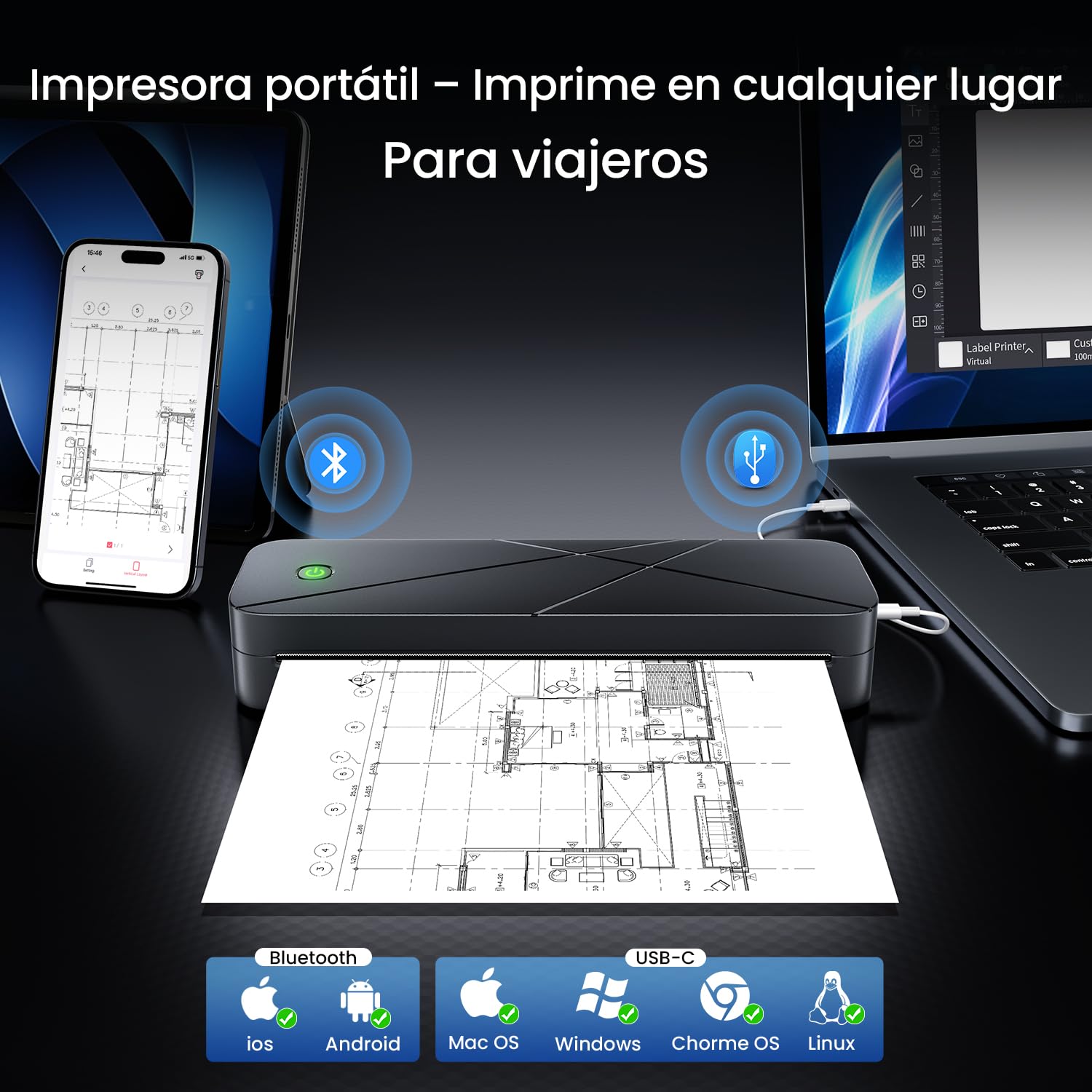 TATTMUSE Impresora Térmica A4 Portátil para Viajes, 300DPI, Negro | Bluetooth y USB-C, 5 formatos (53-216mm), 690g, sin tinta, app. Ideal para coche, oficina y viajes.