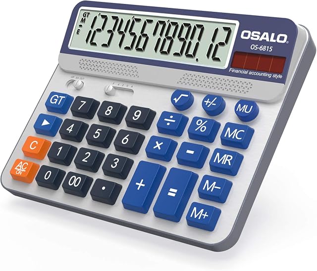 Desktop Calculator Extra Large 5-Inch LCD Display 12 Digit Big Number Accounting Calculator with Giant Response Button, Battery & Solar Powered, Perfect for Office Business Home Daily Use(OS-6815CA)