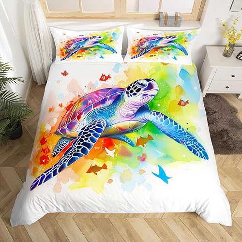 Juego de funda de edredón de tortuga de teñido anudado, tamaño Queen, acuarela, tortuga marina, mariposa, juego de ropa de cama para niñas