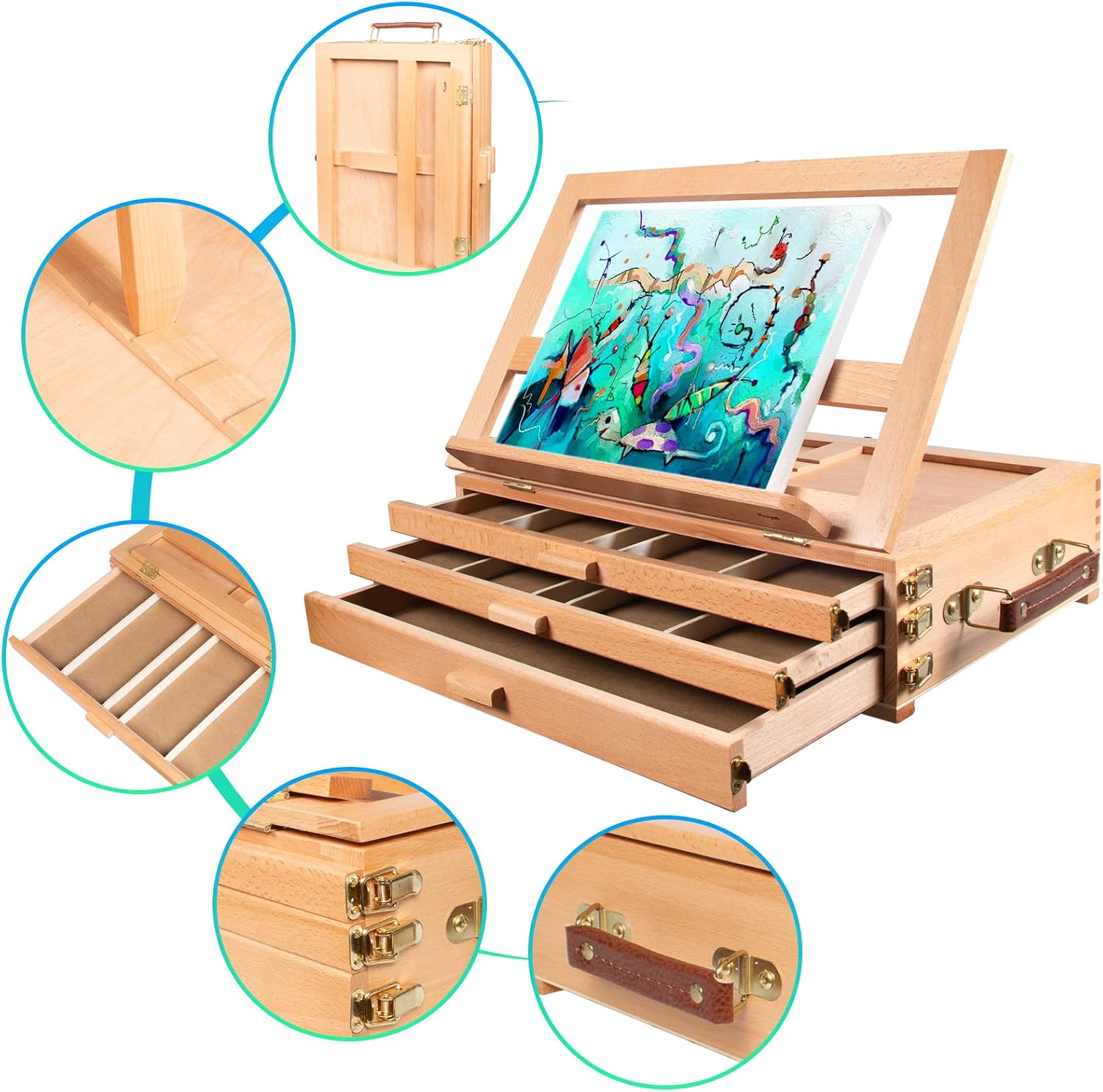 Kuyal Adjustable Tabletop Easel, Wood Sketchbox Easel 4 Adjustable Gears Artist Easel with Storage Drawer (Tabletop Easel)