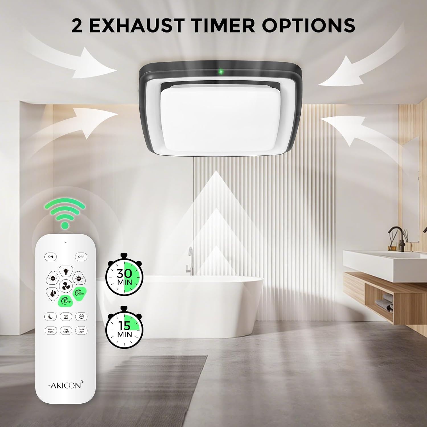 Akicon Bathroom Exhaust Fan with RGB Light, 110 CFM 1.5 Sones Bathroom Vent Fan with Humidity Sensor & Dimmable 3CCT LED Light, Square, Black, No Wall Switch Required