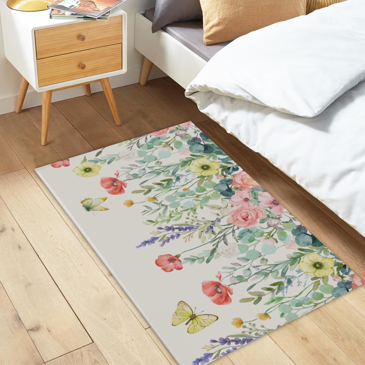 Spring Area Rug 2'x3' Floral Butterfly Entry Rug Flower Sage Green Eucalyptus Leaves Non Slip Kitchen Mat Low Pile Washable Carpet for Entrance Kitchen Bathroom