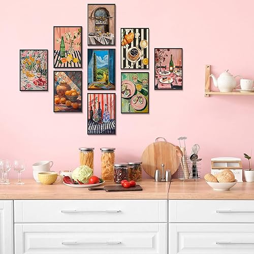 Miniatura 5 de 9 piezas de arte de pared de cocina coloridos alimentos para decoración de pared, fotos, bebidas, frutas, bar, carrito, lienzo, impresiones para