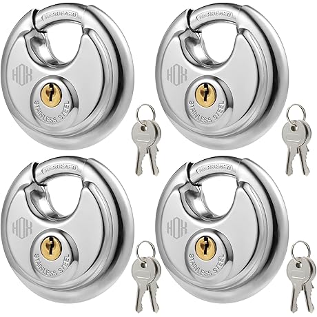 HOX Keyed Disc Freeze Proof Padlock, 4-Pack Weatherproof Outdoors Lock