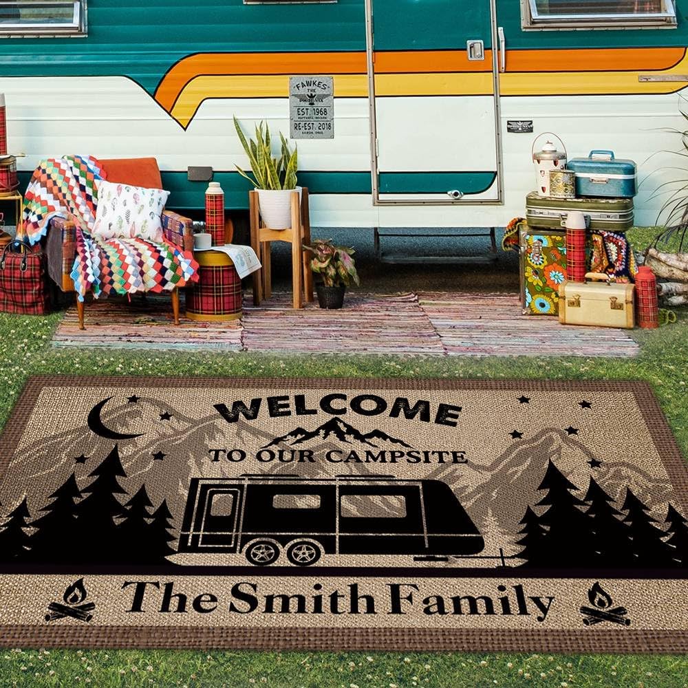 Custom Camping Rug Welcome to Our Campsite RV Trailer Mountain Landscape Decor Floor Mat for Outdoors, Patio, Backyard, Picnic, Beach, Camping, 30 x 55 Inch RV-11