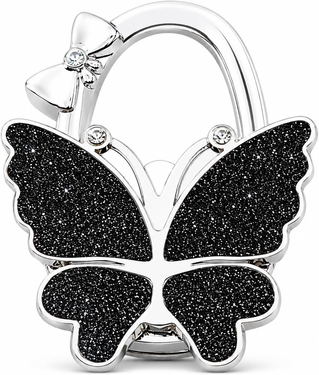Purse Hook for Table, Foldable Handbag Hanger for Women, Portable Bag Holder with Non-Slip Base, Cute Black Glitter Butterfly Purse Table Hook for Restaurant Office Travel Gift