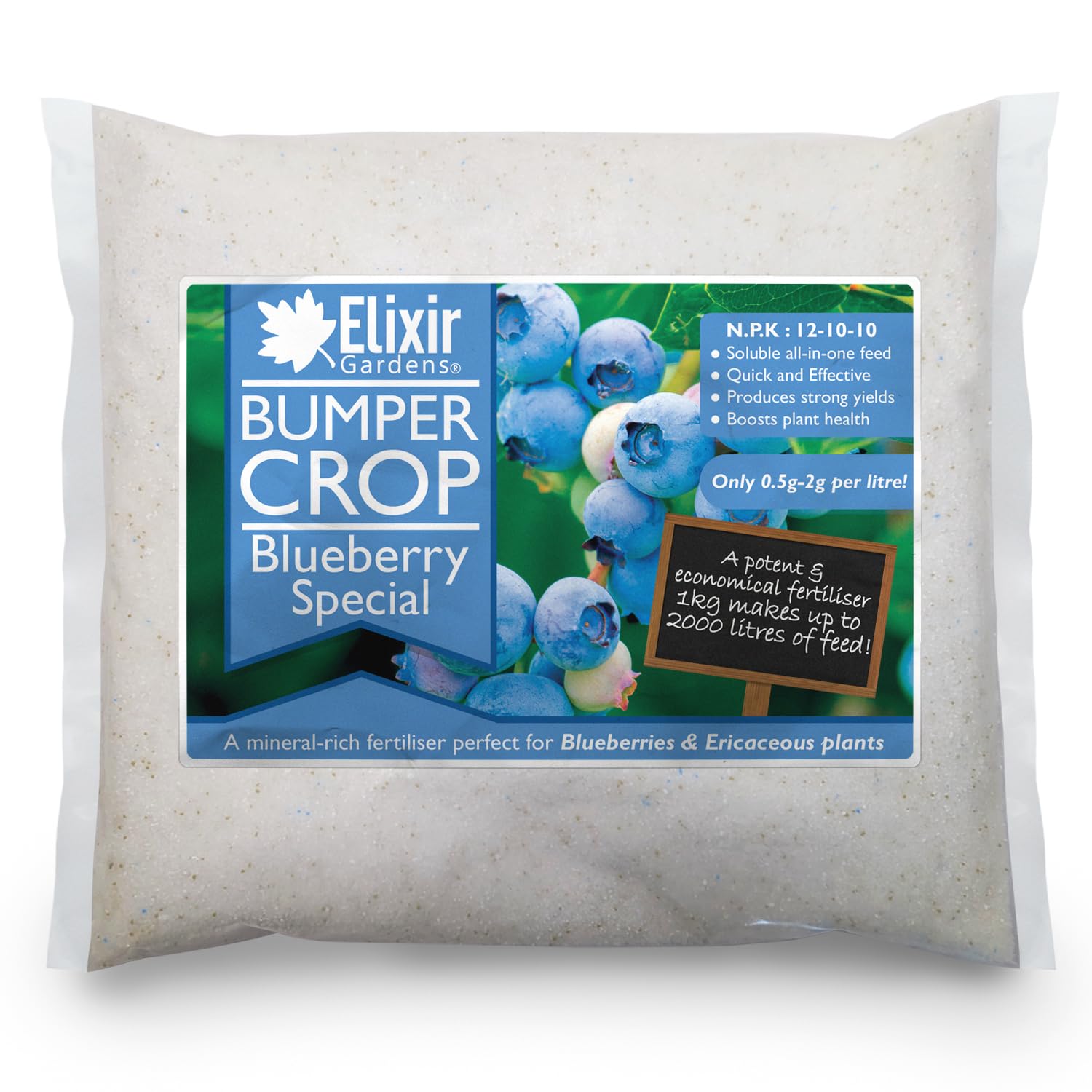 Elixir Gardens Blueberry Special Fertilizer/Food | Soluble Ericaceous Plant Feed for Acid-Loving Fruits & Flowers | 1kg - 20kg Sizes in Bags or Tubs | NPK: 12-10-10+4 | 10kg Polythene Bag