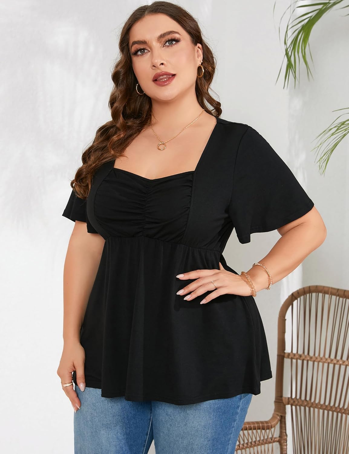 ShopWonder Women Plus Size Sweetheart Neck Tunic Tops Short Sleeves Pleated Peplum Babydoll Casual Blouse T shirts - Image 3