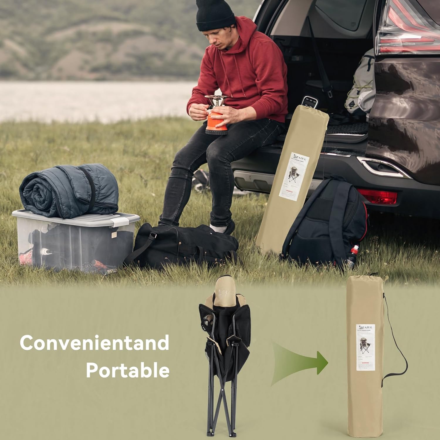 Camping Chairs for Adults, Heavy Duty Camping Chairs 2 Pack, Folding Chairs for Outside, Support 380 LBS, Portable Travel Outdoor Camp Chair with Cup Holder & Cooler Bag, Sports Chairs, Khaki