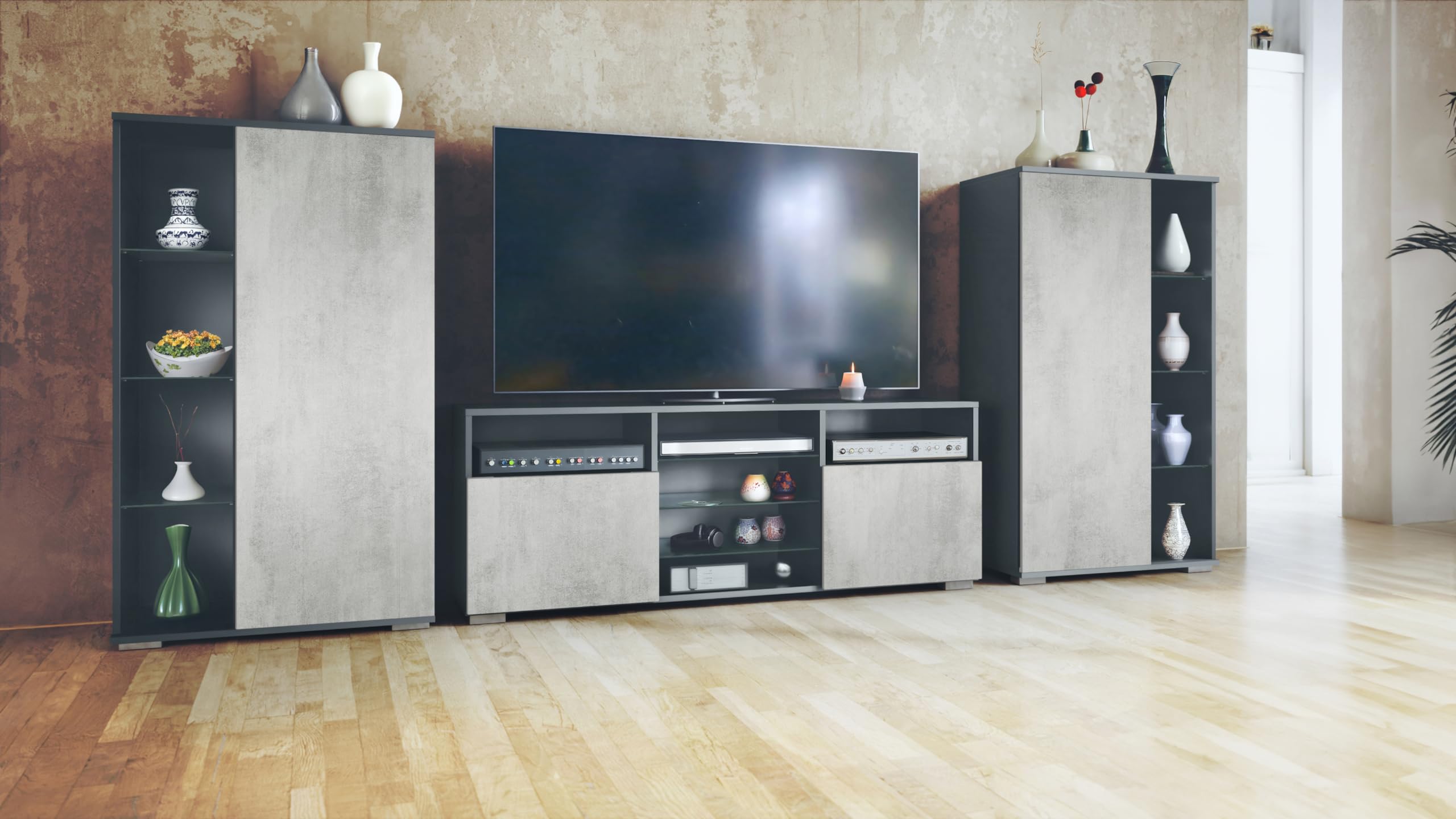 Vladon Mobile Parete Davos per Soggiorno, Composto da 2 vetrine e 1 Mobile TV, Antracite Opaco/Ottica cermento ossido (329 x 134 x 35 cm)