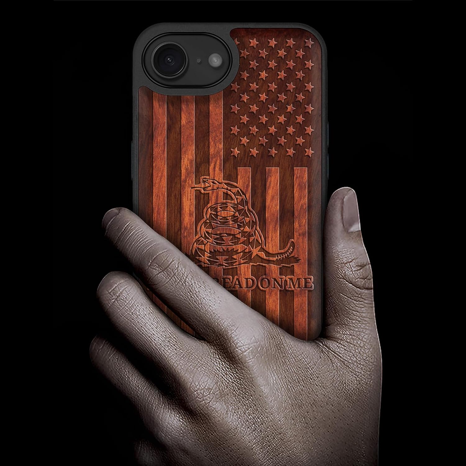 Carveit Magnetic Wooden Case for iPhone 16e 2025, Solid Wood & Black TPU, Artisan Engraved Design, Shockproof Cover, Compatible with MagSafe Wireless Chargers, Gadsden and American Flag - Rosy