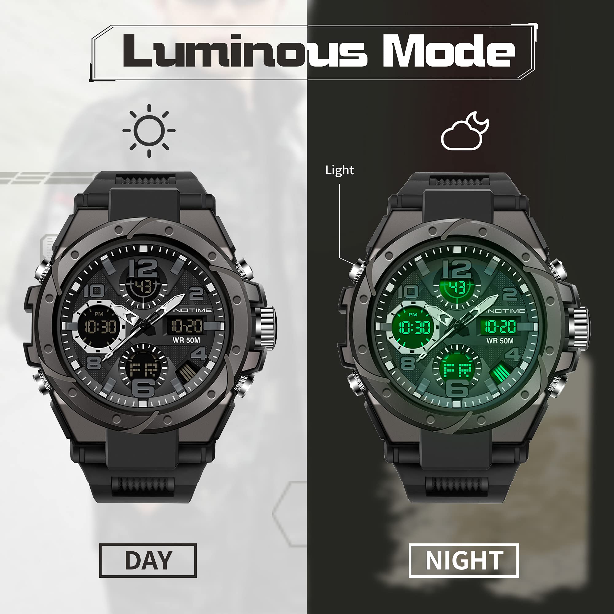 findtime Reloj deportivo digital militar para hombre, pantalla grande, resistente al agua, 5 ATM, con alarma, calendario, cronómetro, cronómetro, rojo, Negro , Militar
