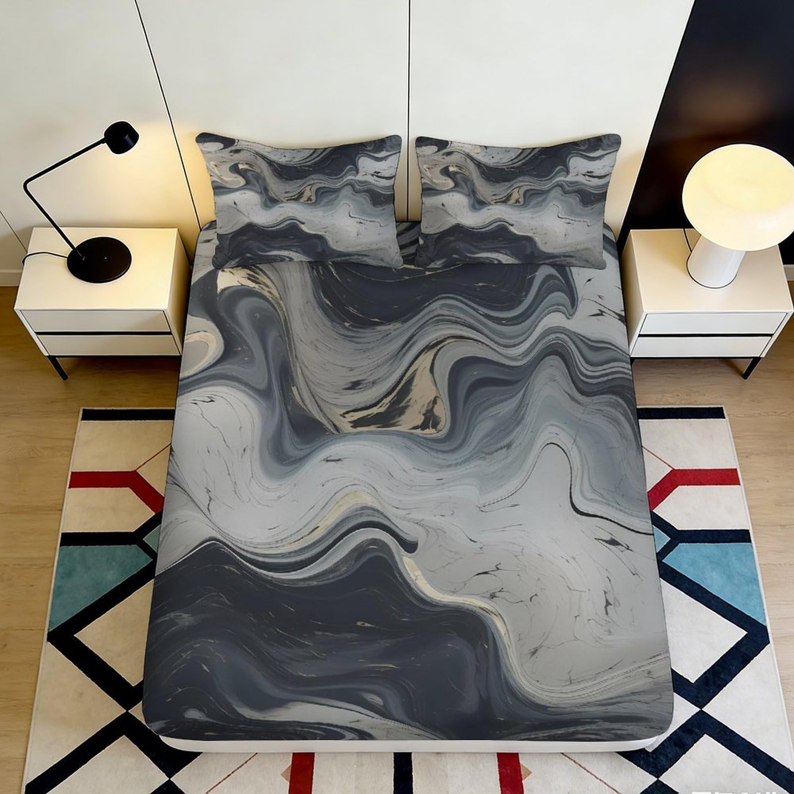 3D Printed Marble Swirl Fitted Sheet Microfiber Soft Breathable Abstract Waves Mattress Cover for Bedroom Dorm Decor 90x200x25cm