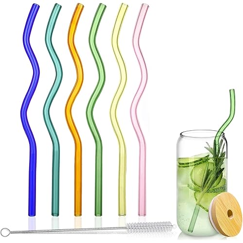 6 Pcs 7.87"×8mm Wavy Glass Straws, Reusable Colorful Glass Straws with 1 Cleaning Brush -Perfect For Juice, Tea, Coffee, Cocktails and Lemonade.