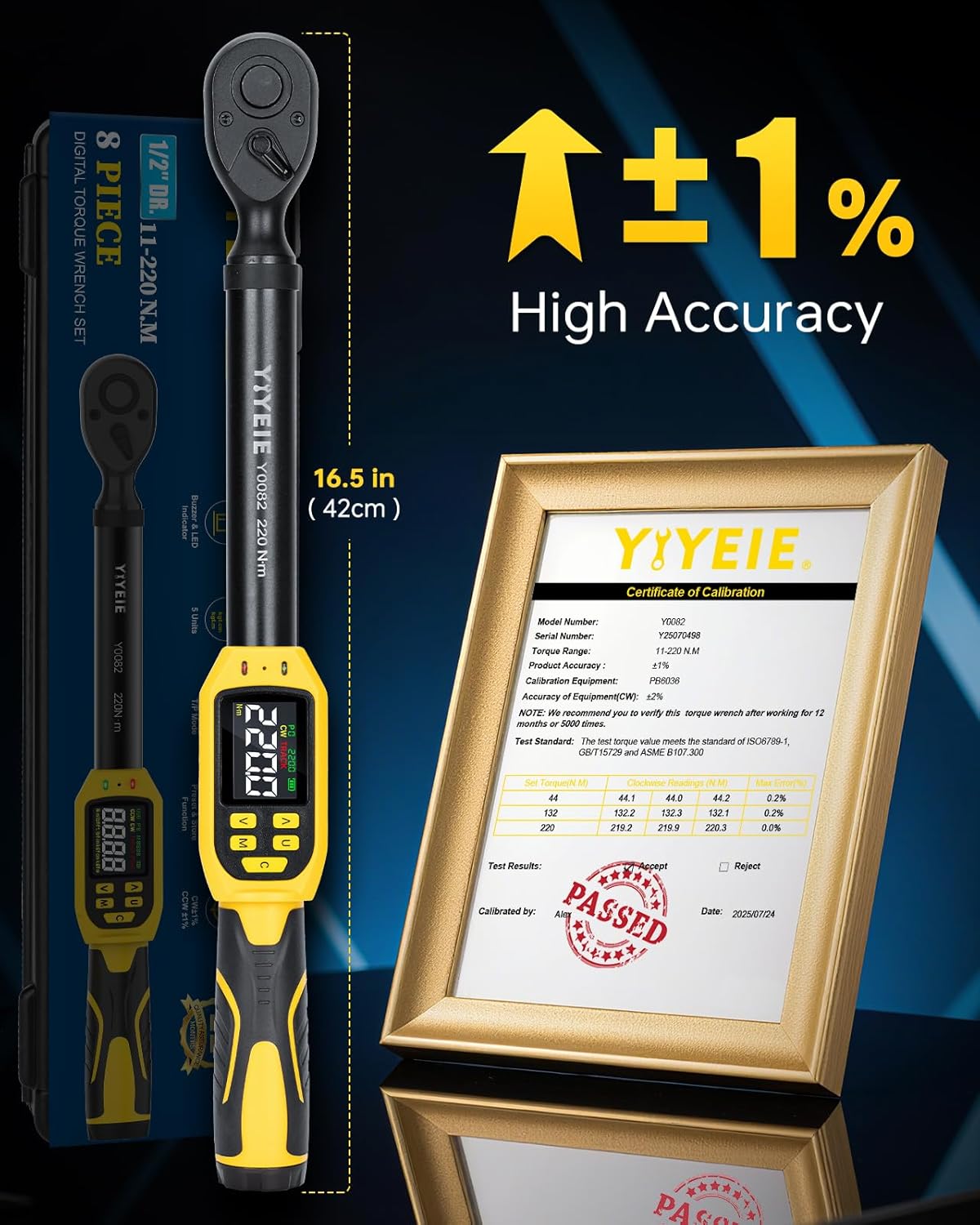 YIYEIE Digital Torque Wrench 1/2" Drive, 8.5-160 Ft-lb/10-220 N.m, ±1% Accuracy, Electronic Torque Tool with Buzzer and LED Alert, 1/2 Torque Wrench Set 8Pcs with Sockets for Motorcycle, Car Repair
