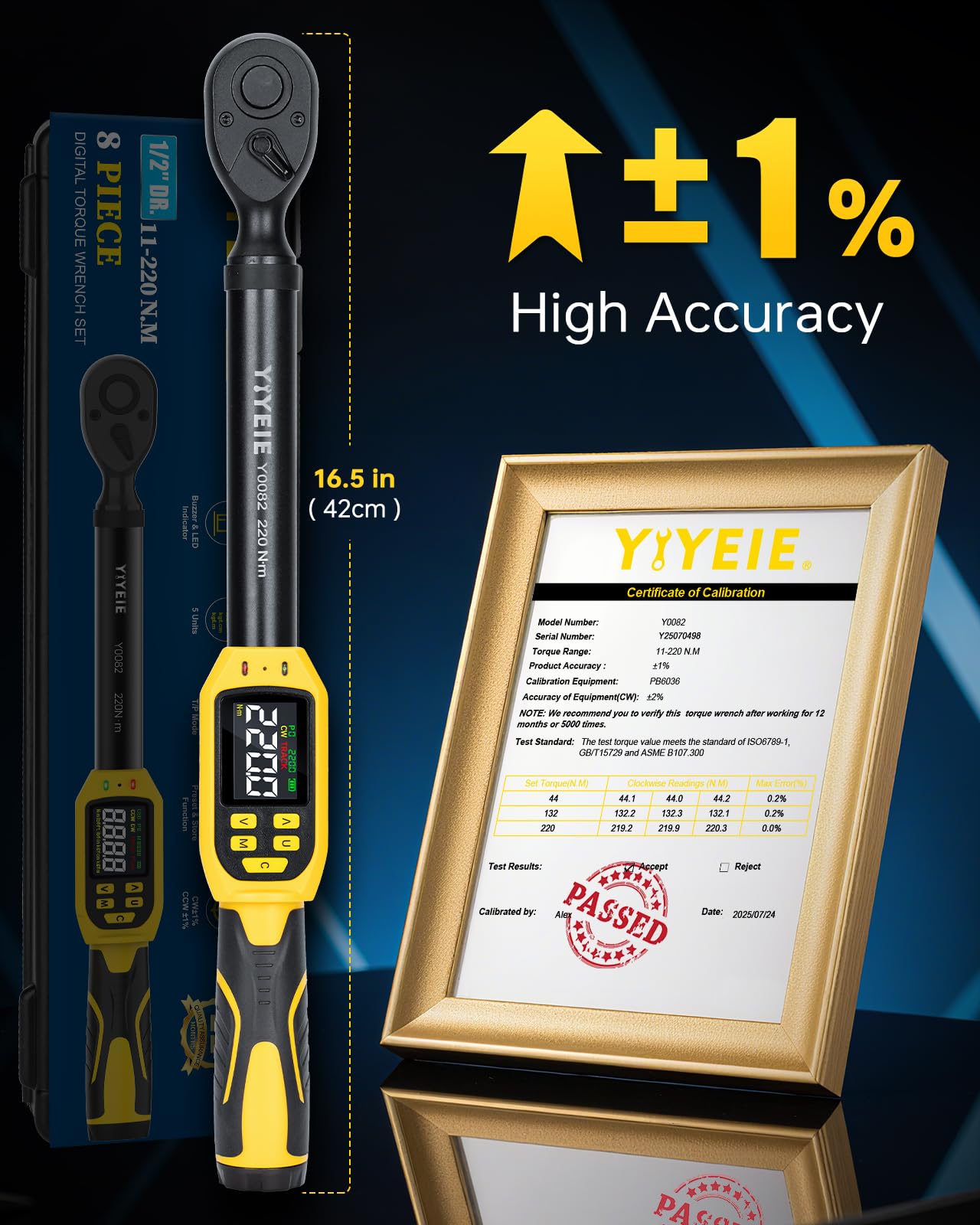 YIYEIE 8 llaves dinamométricas digitales de 1/2 pulgada | 8-160 pies-libras | Precisión ± 1% | Alerta inteligente Multi | Kit de lengüeta de neumático de 1/2 pulgada para motocicleta, automóvil