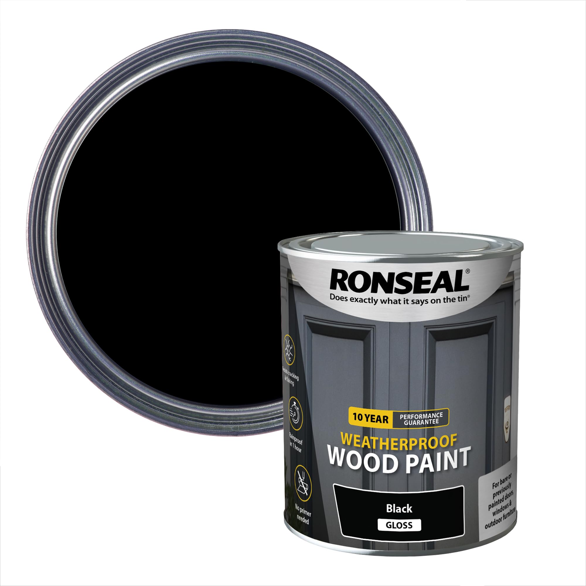 Ronseal 38772 10 Year Weatherproof Wood Paint Black Gloss 750ml