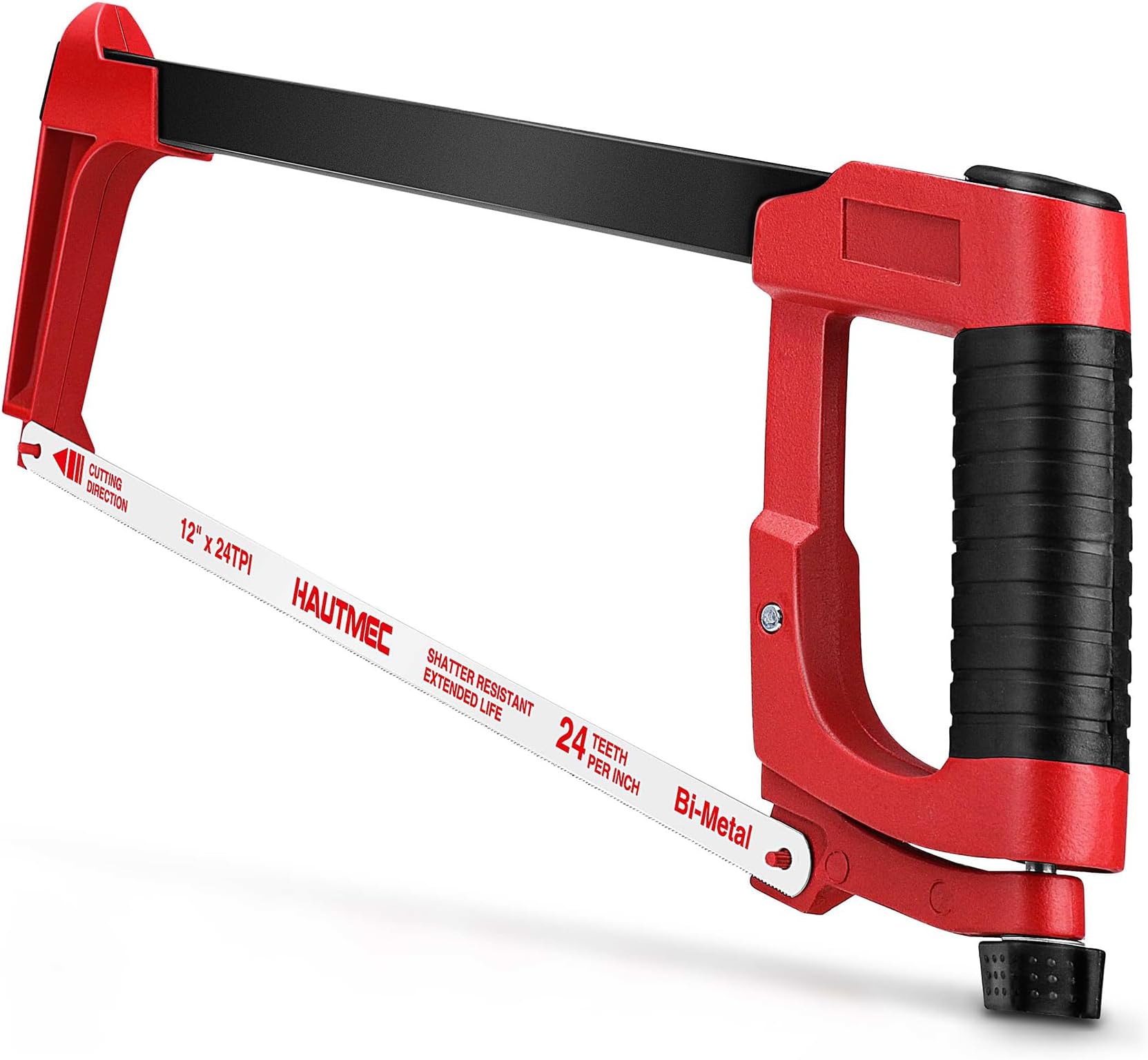 HAUTMEC 12" High Tension Hacksaw, Heavy-Duty Metal Hand Saw with 24 TPI Bi-Metal Blade & Blade Storage, 45°/90° Cutting Angles, Enhanced Steel Frame Hack Saw for Copper, PVC, Wood (HT0015)