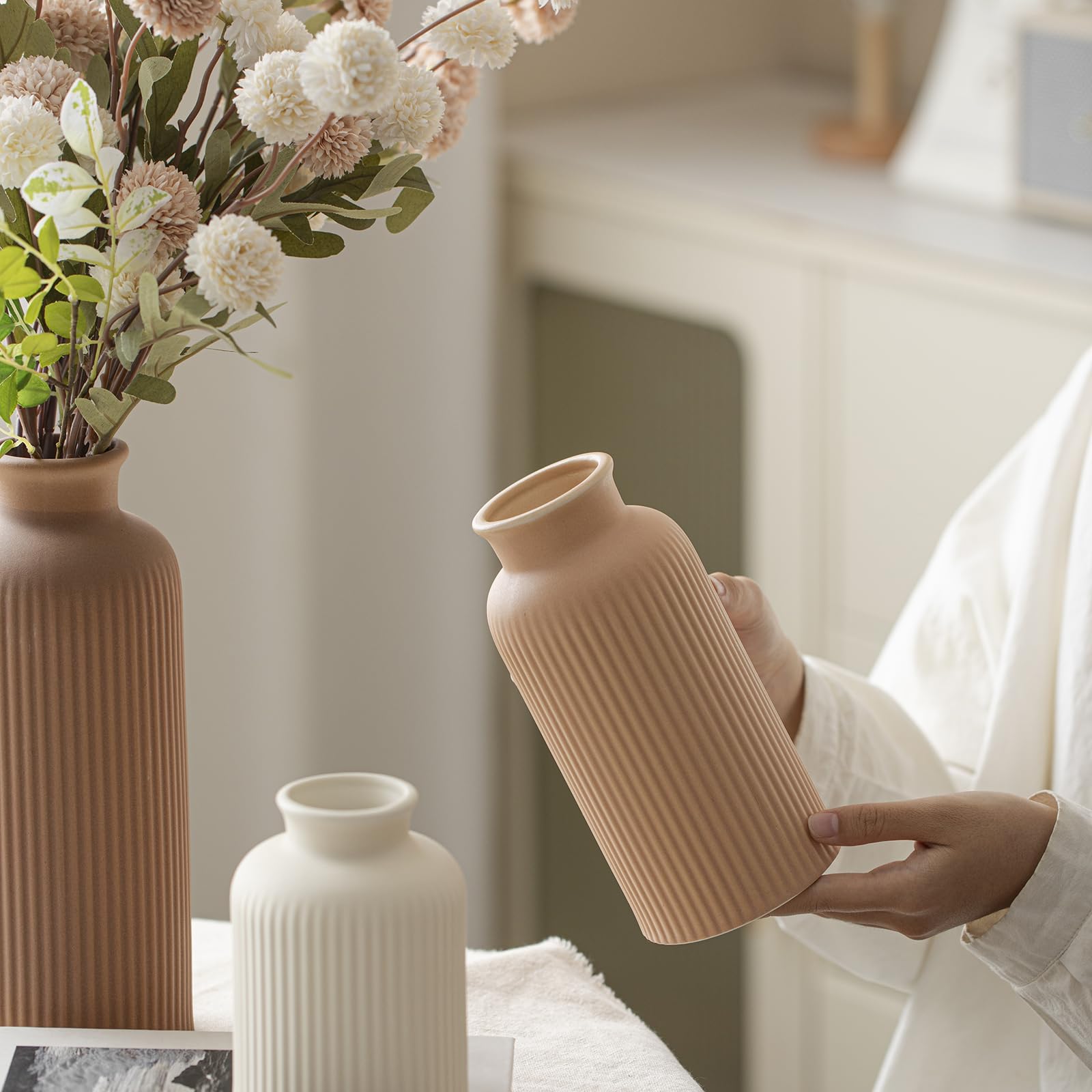 Große Moderne Keramik Vase Set, Kaffee Geriffelt Matt Design, 3 Stück Dekorative Vasen für Zuhause, Wohnzimmer, Büro (XL Kaffee Mix)