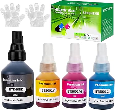 BTD60 Ink Refill Bottles Kit Negro BTD60BK - Color BT5001Y BT5001C BT5001M Compatibles for HL-T4000DW DCP-T310 DCP-T510W DCP-T710W MFC-T810W MFC-T910DW MFC-T4500DW PrintersB/Y/C/M