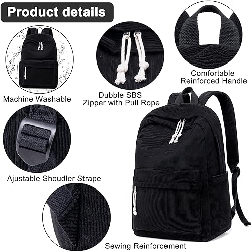 Miniatura 5 de BTOOP Mochila escolar para adolescentes, mochila grande de pana ligera, para niñas, niños, casual, escuela secundaria, universidad, Negro, 17 pulg.,