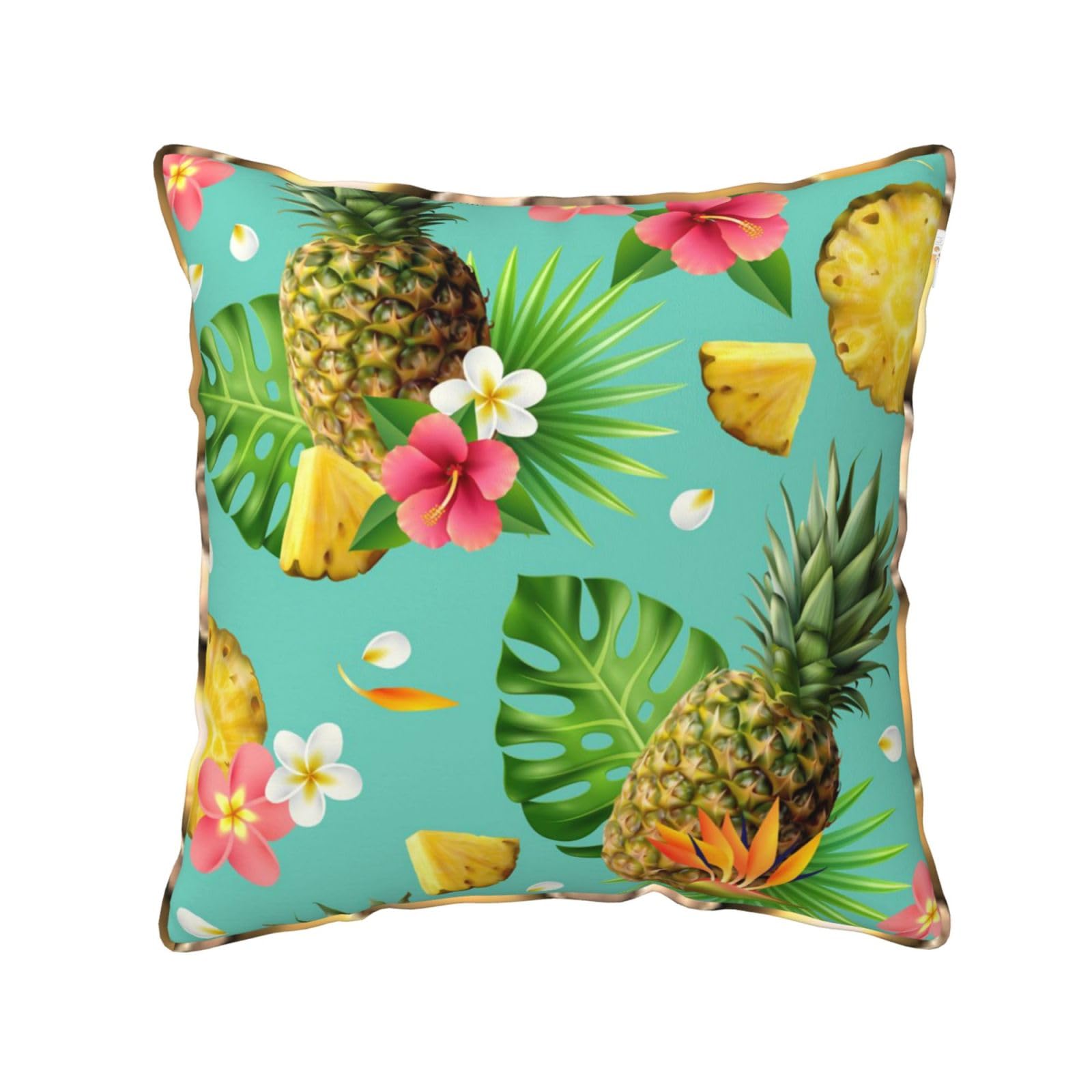 AUBKFELD Tropical Pineapple Printed Velvet Cushion Cover 50x50 CM with Gold Edging Strip, Square Pillowcase Soft Throw Pillow Covers Case Decorative for Living Room Sofa Couch Bed Bench