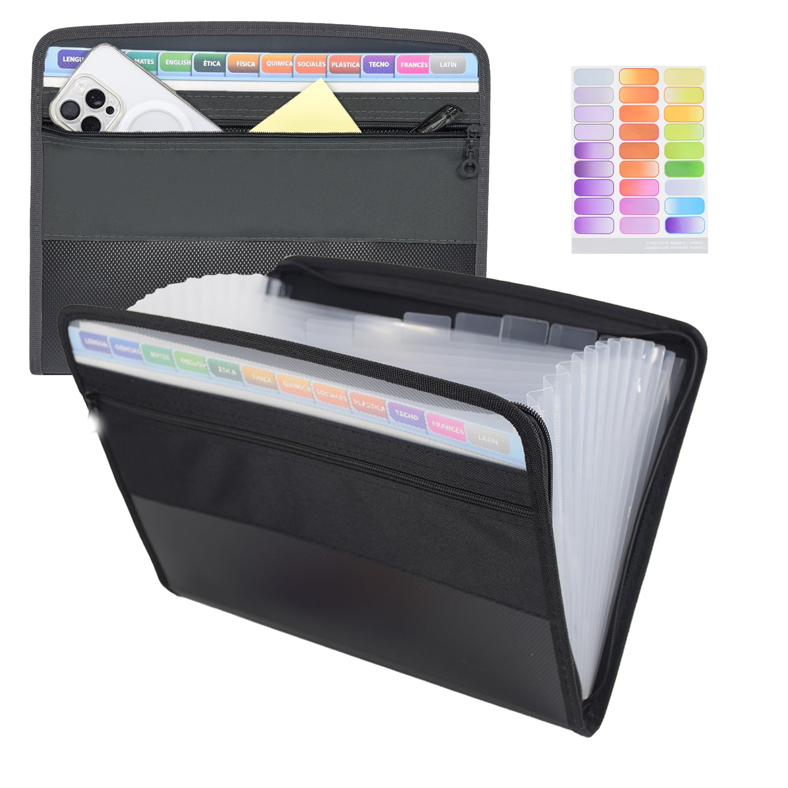 Marte Vanci Expanding File Folder A4 Document Organiser Zipper Closure File Folder Organiser 13 Pockets Plastic Accordion Filling Box with Coloured Labels for Paperwork Stationery Office School Black