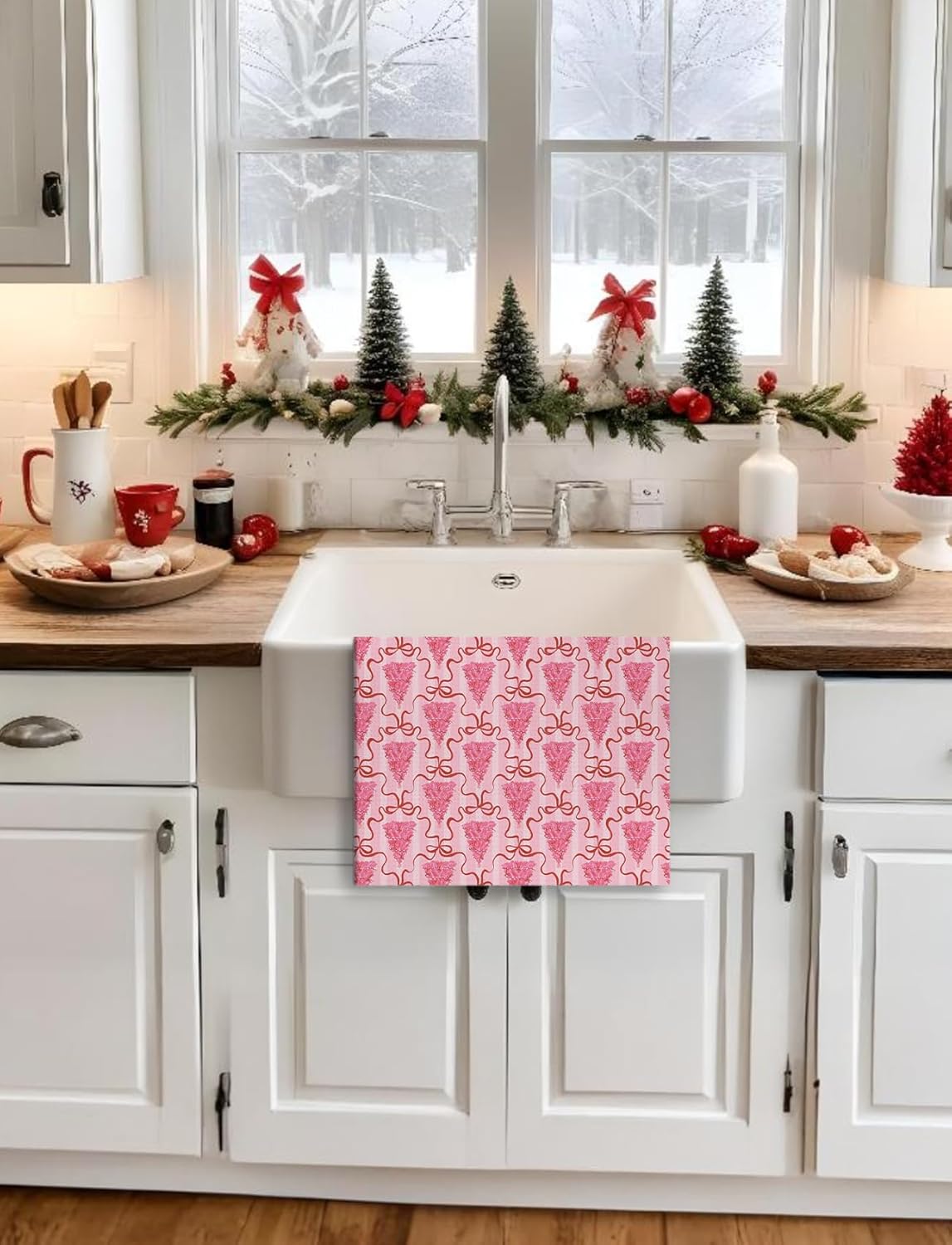 Pink Merry Christmas Tree Kitchen Towels, Coquette Christmas Tree Hand Towels for Bathroom, Preppy Pink Xmas Striped Holiday Dish Tea Towel for Kitchen Decor, 16x24 Inch Set of 2 - Image 4