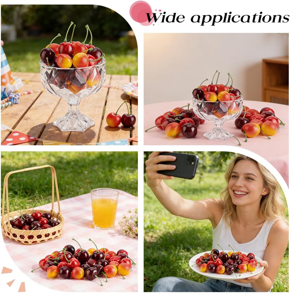 AHANDMAKER 40Pcs 4 Styles Artificial Cherries Lifelike Fake Cherry Fruit Red Cherry Ornament Simulation Cherries for Home Kitchen Wedding Party Desk Ornament Decoration Photography Prop