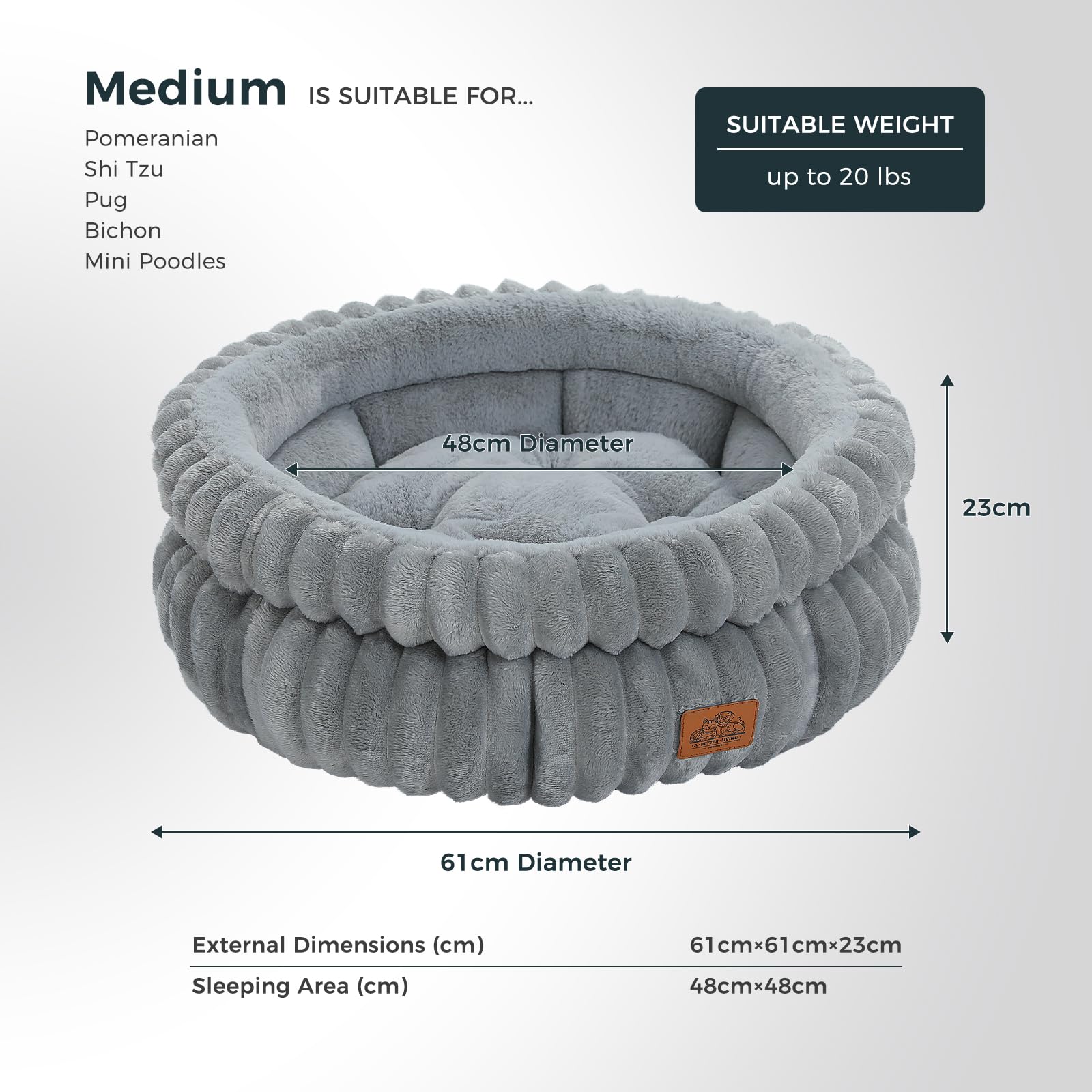 PAWZ Road Katzenbett waschbar, Hundebett kleine Hunde, Rundes, Flauschiges Katzenkissen, Katzenschlafplatz-Bettchen, Katzenkorb, Grau, 61x61x23cm