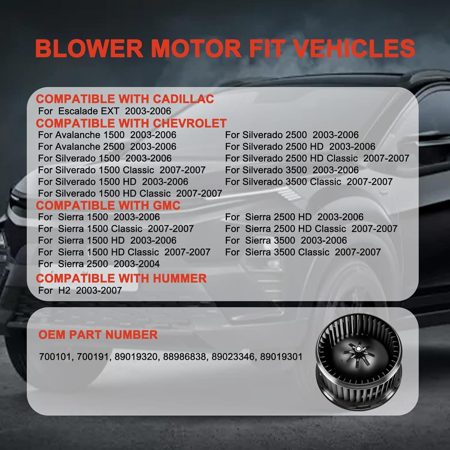 AC Blower Motor Fan HVAC Heater Motor Replacement Compatible with Chevy for Avalanche 1500/2500, for Silverado 1500/2500/3500, for Sierra 1500/2500/3500 for Yukon for Escalade EXT 700191